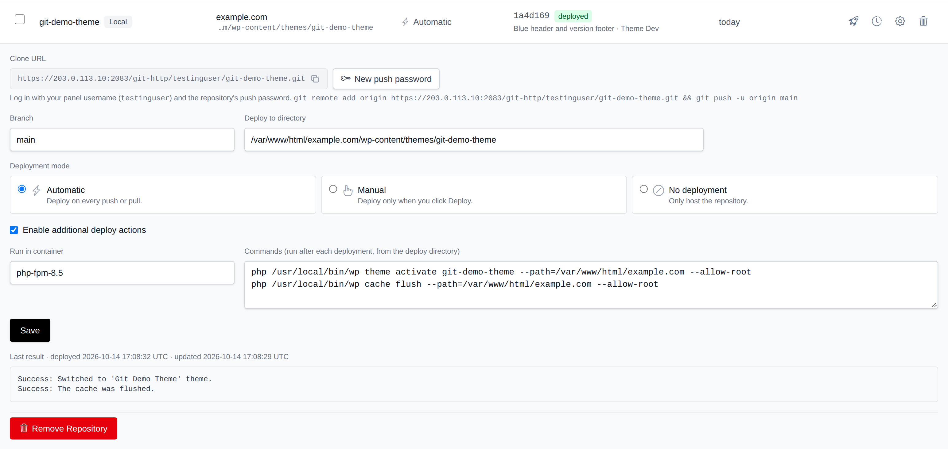Settings row of a local repository with its clone URL, branch, deploy directory, deployment mode, deploy actions and the output of the last deploy