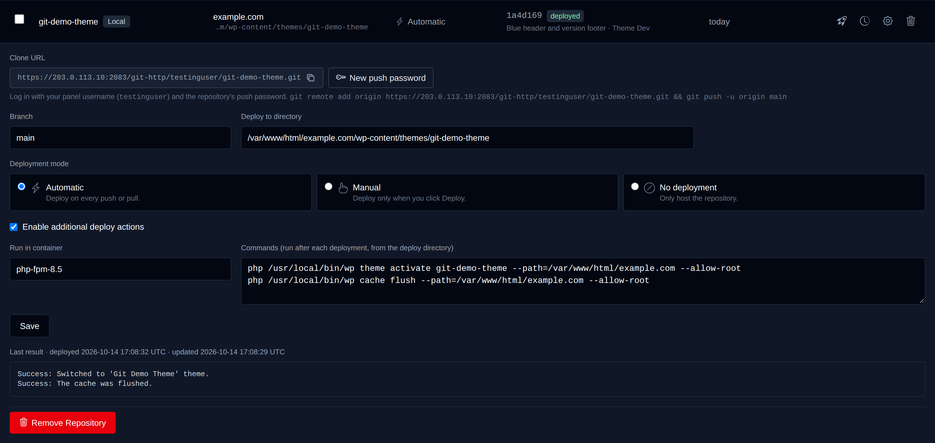 Settings row of a local repository with its clone URL, branch, deploy directory, deployment mode, deploy actions and the output of the last deploy