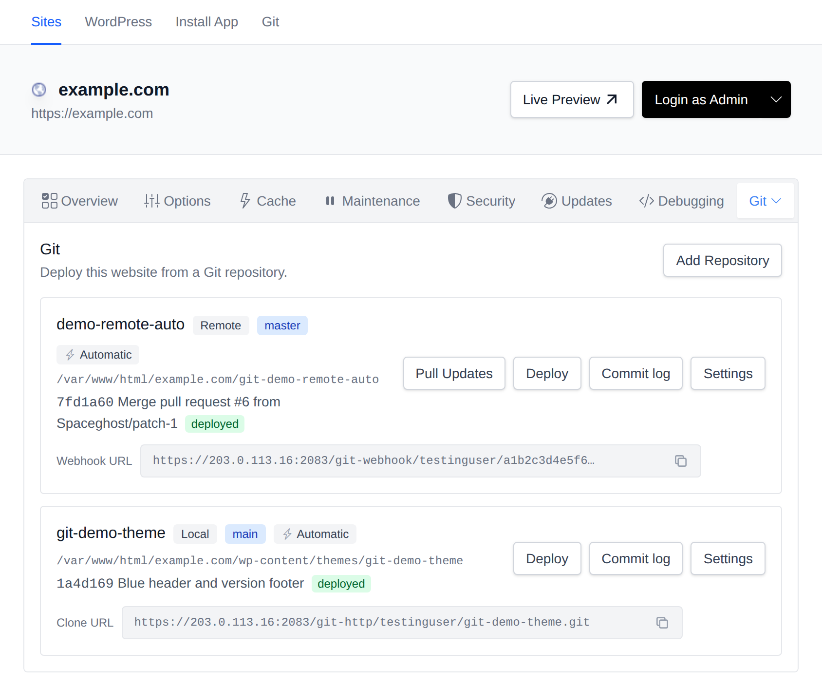 Git tab in the Site Manager with a theme repository and a remote repository, their deploy buttons, clone URL and webhook URL