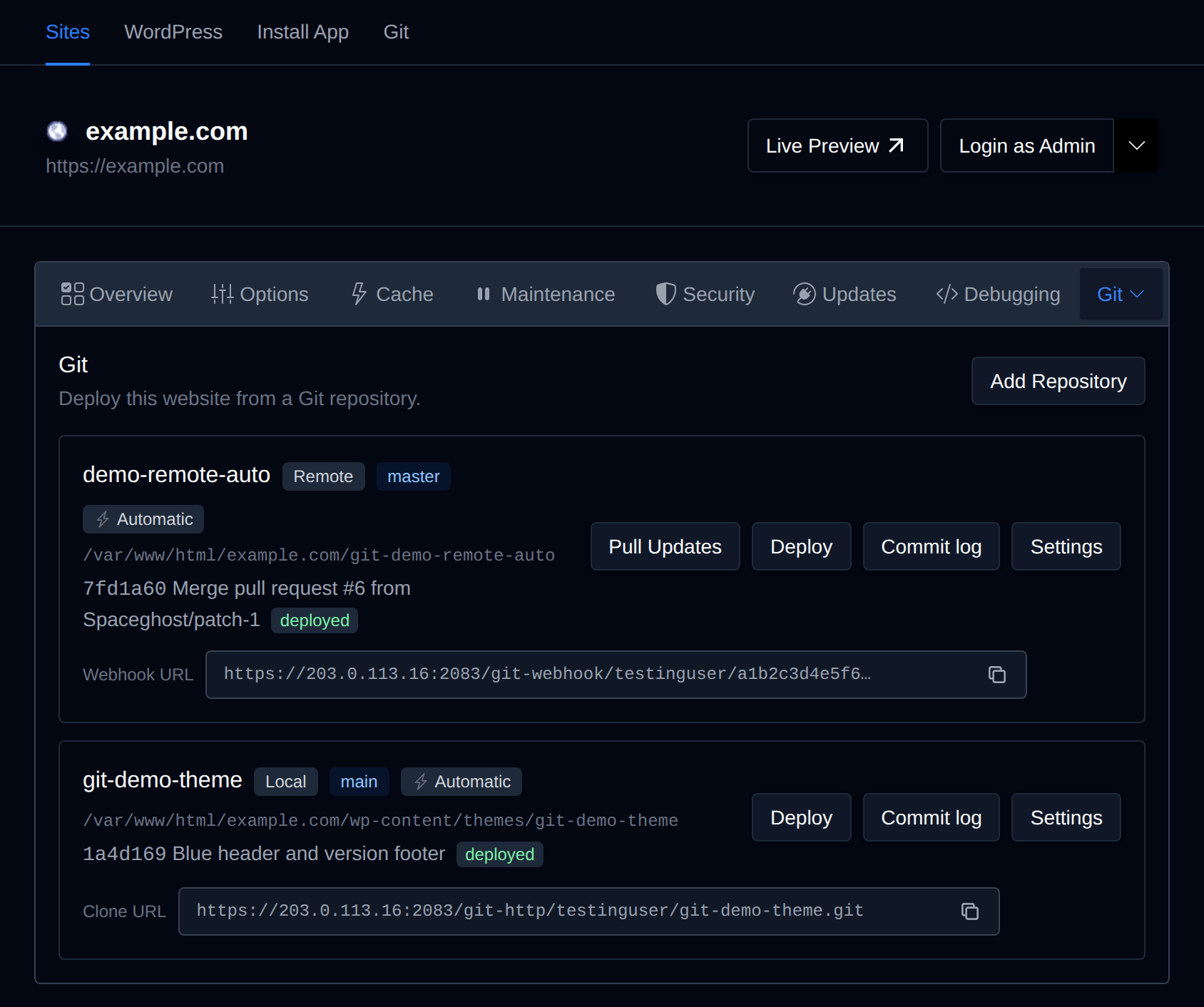 Git tab in the Site Manager with a theme repository and a remote repository, their deploy buttons, clone URL and webhook URL