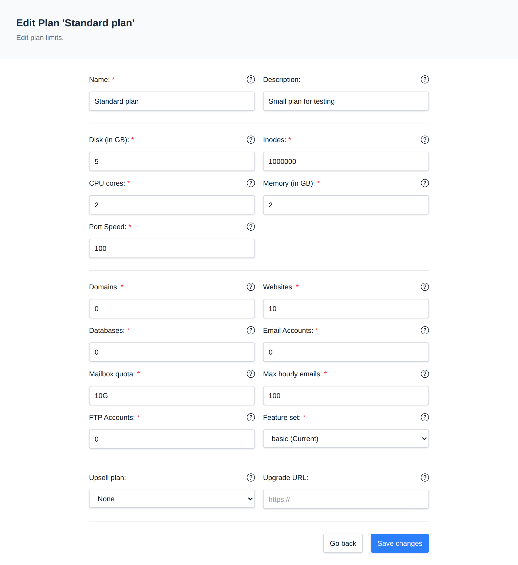 Edit plan page with the limits of an existing hosting package