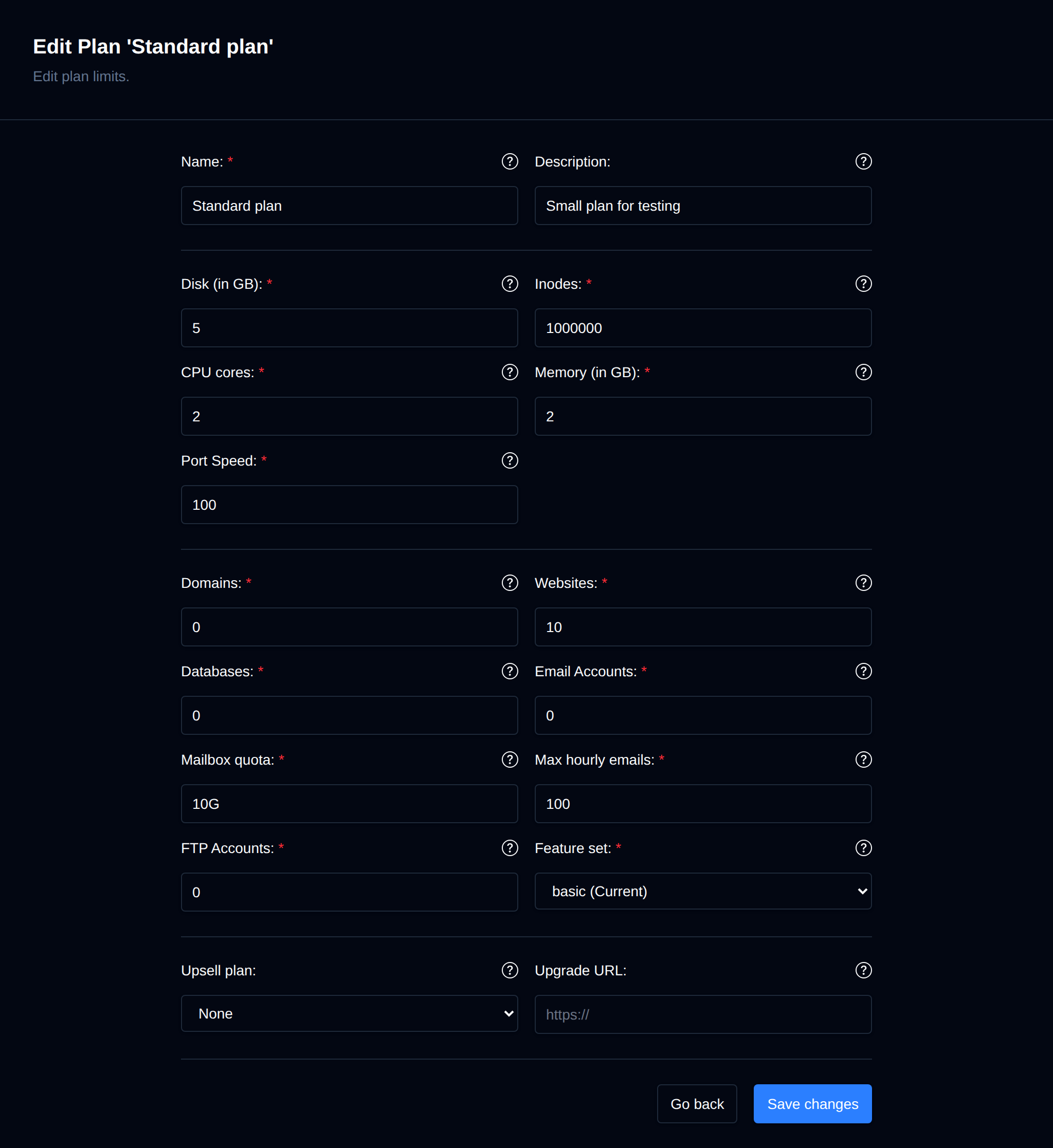 Edit plan page with the limits of an existing hosting package