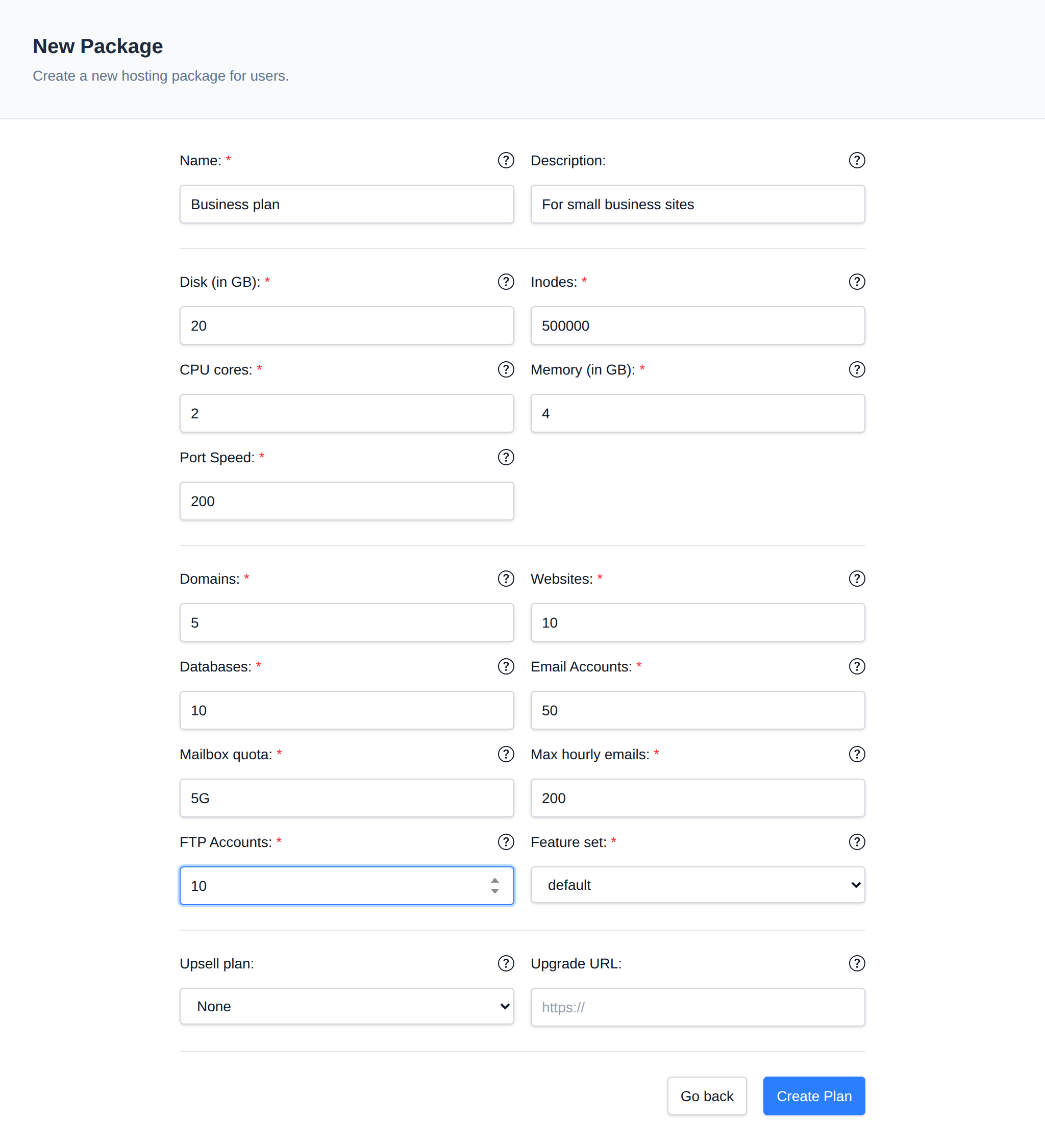 New Package form with name, description, disk, inodes, CPU, memory, port speed, domains, websites, databases, email, FTP and feature set fields