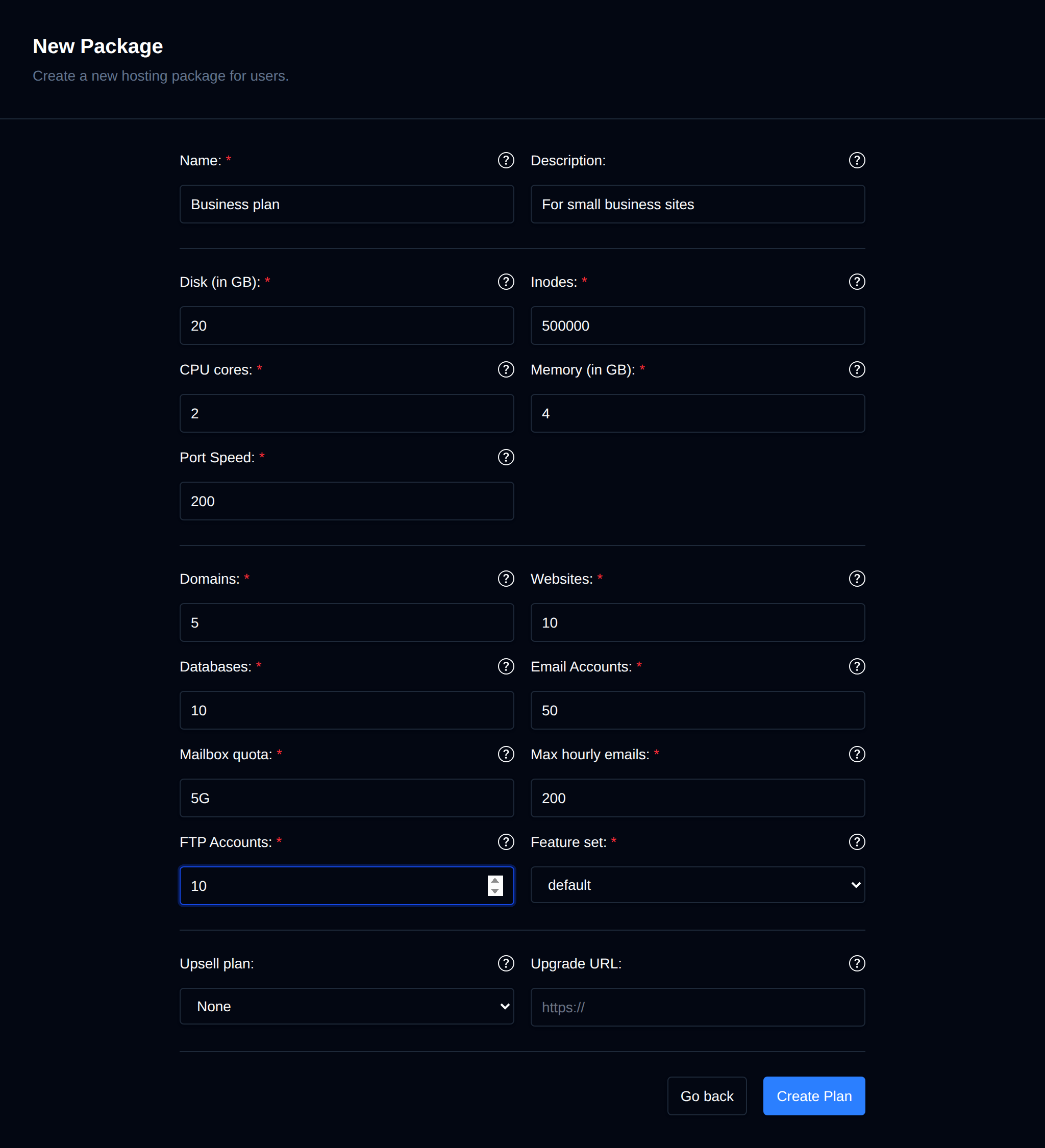 New Package form with name, description, disk, inodes, CPU, memory, port speed, domains, websites, databases, email, FTP and feature set fields