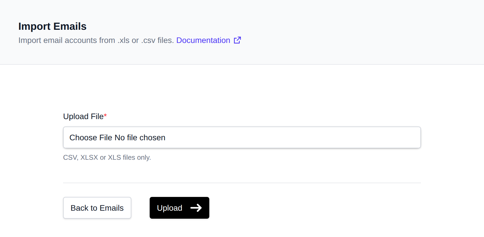 Import Emails form with the file picker for a CSV, XLSX or XLS file and the Upload button