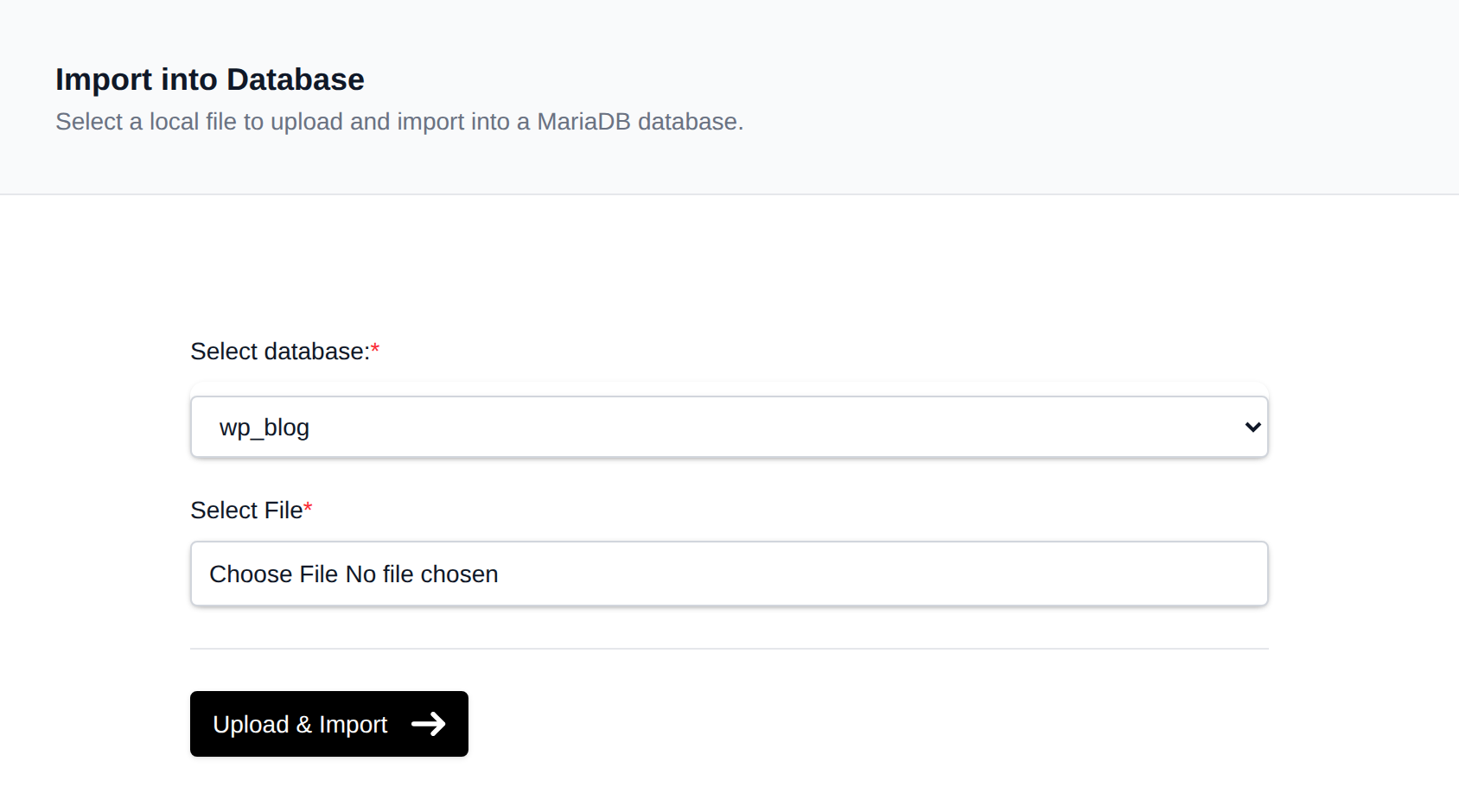 Import into Database form with a database dropdown and a file picker for the .sql file