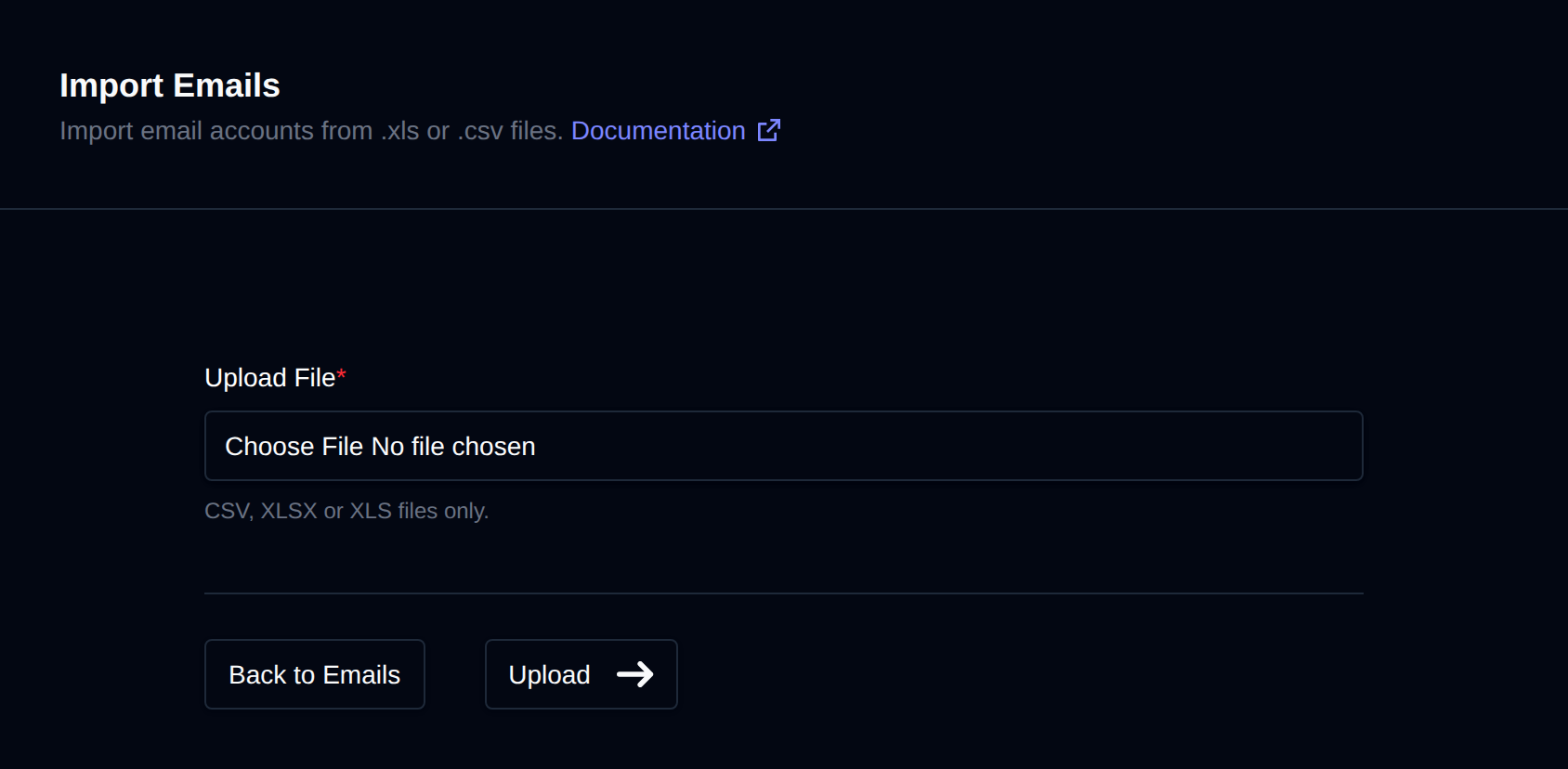 Import Emails form with the file picker for a CSV, XLSX or XLS file and the Upload button