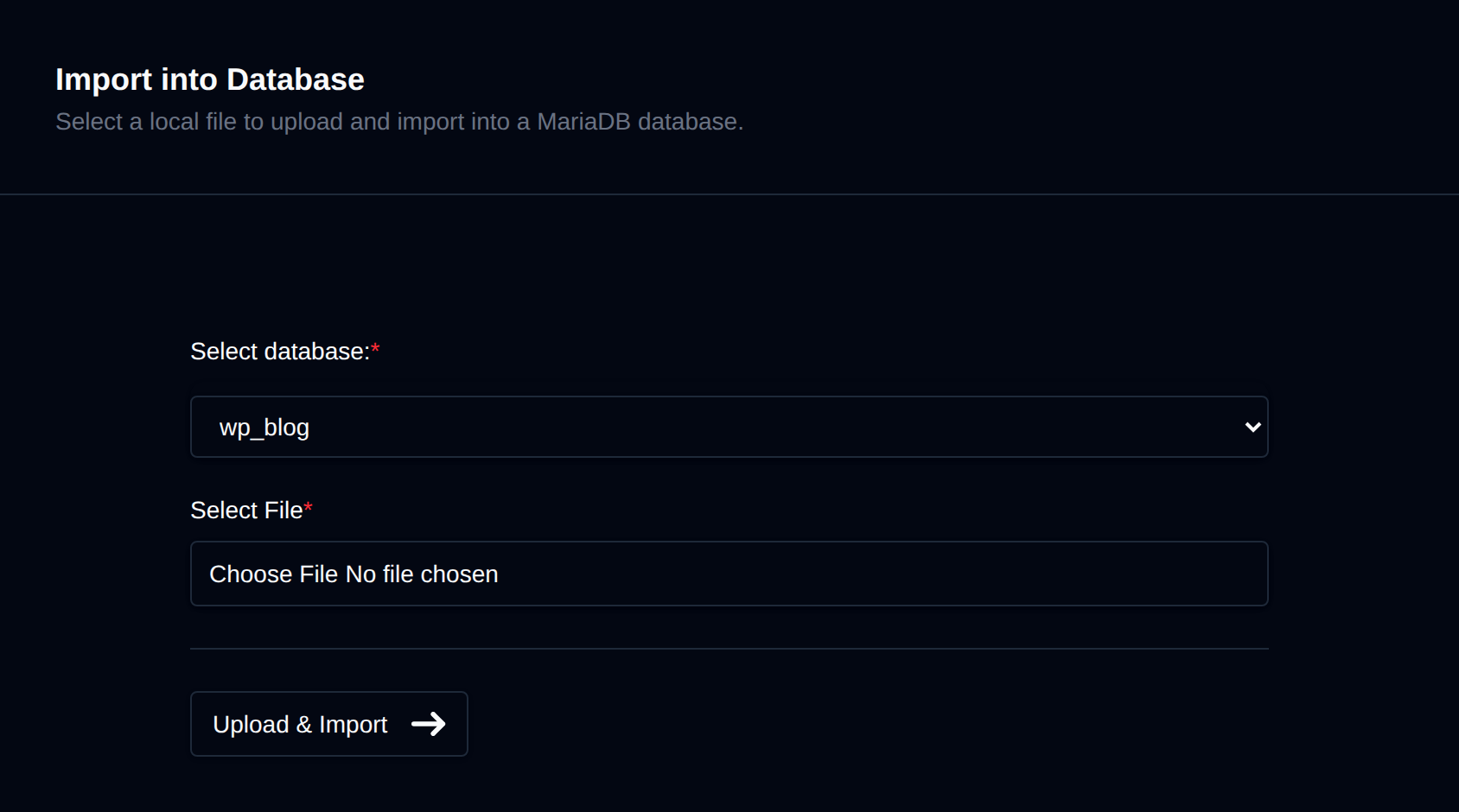 Import into Database form with a database dropdown and a file picker for the .sql file