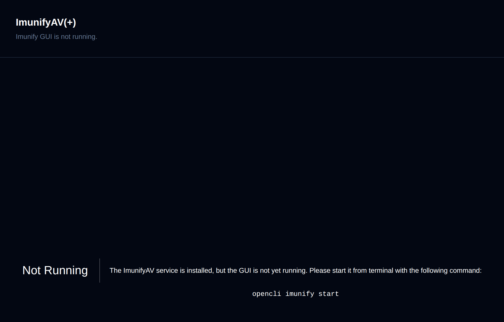 ImunifyAV page telling that the GUI is not running yet, with the command to start it