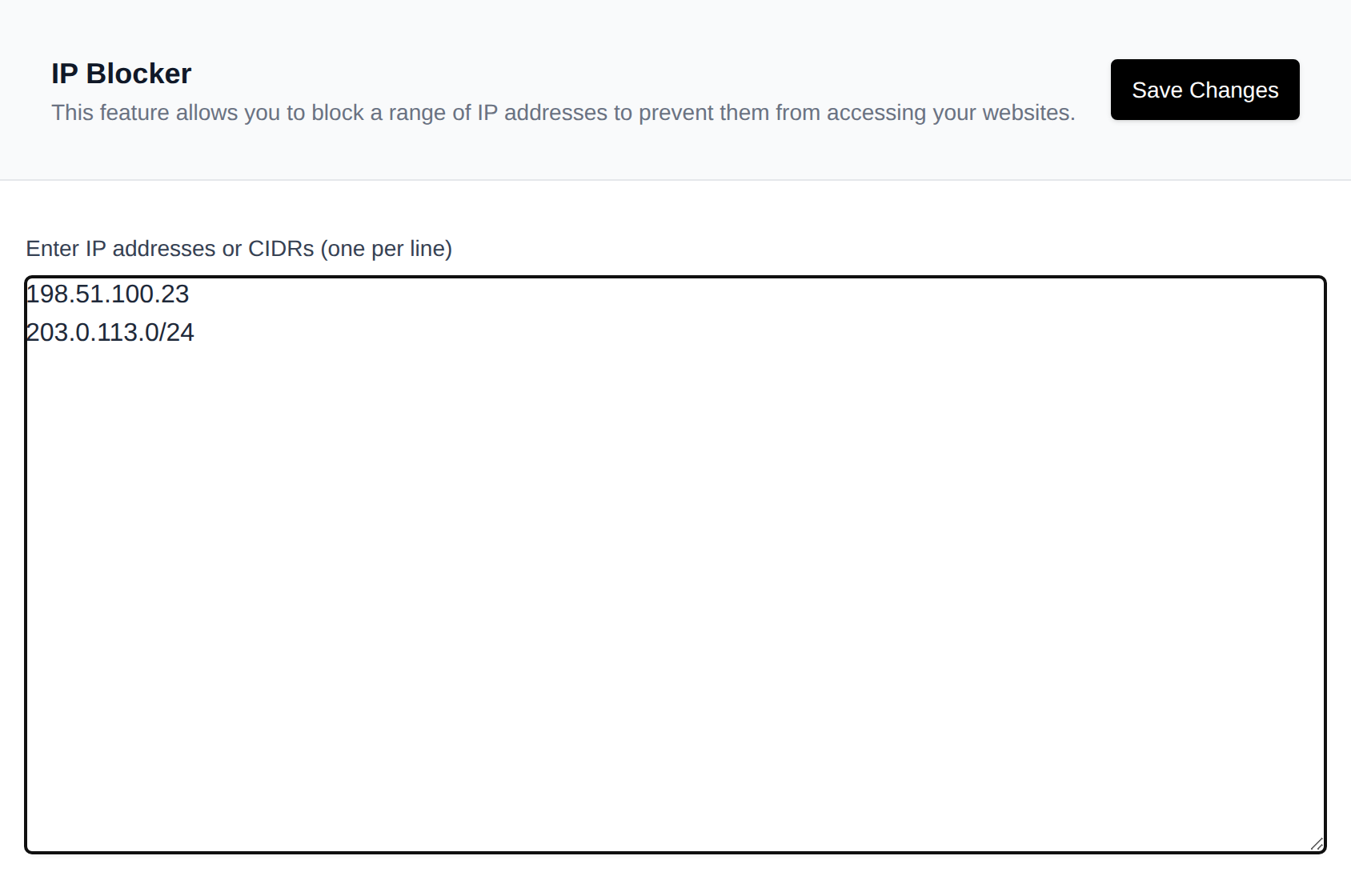 IP Blocker page with a text area for IP addresses and CIDR ranges to block
