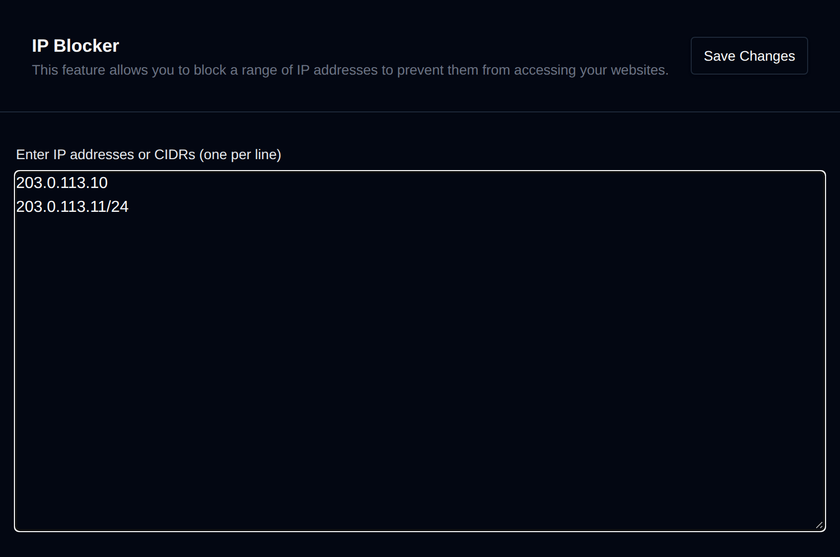 IP Blocker page with a text area for IP addresses and CIDR ranges to block