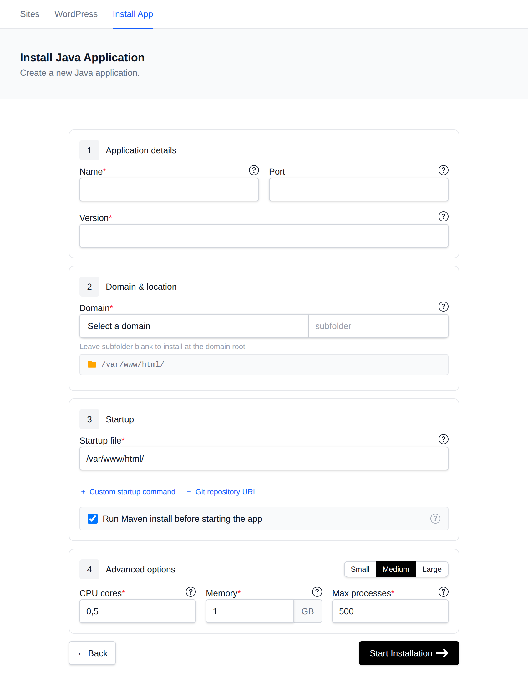 Install Java Application form with the application details, domain, startup command and the Small, Medium and Large resource presets