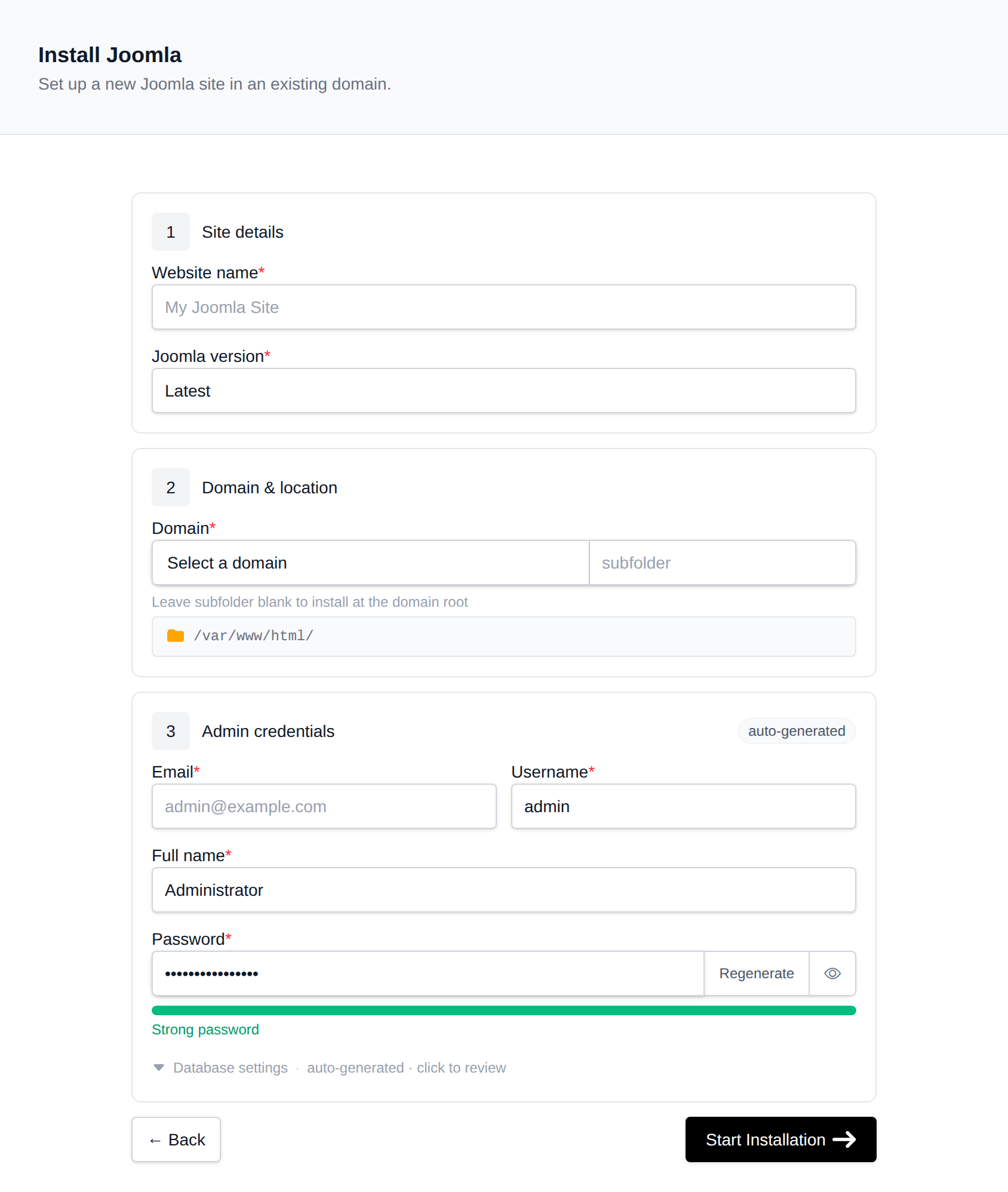 Install Joomla form with the site details, domain and location, and admin credentials