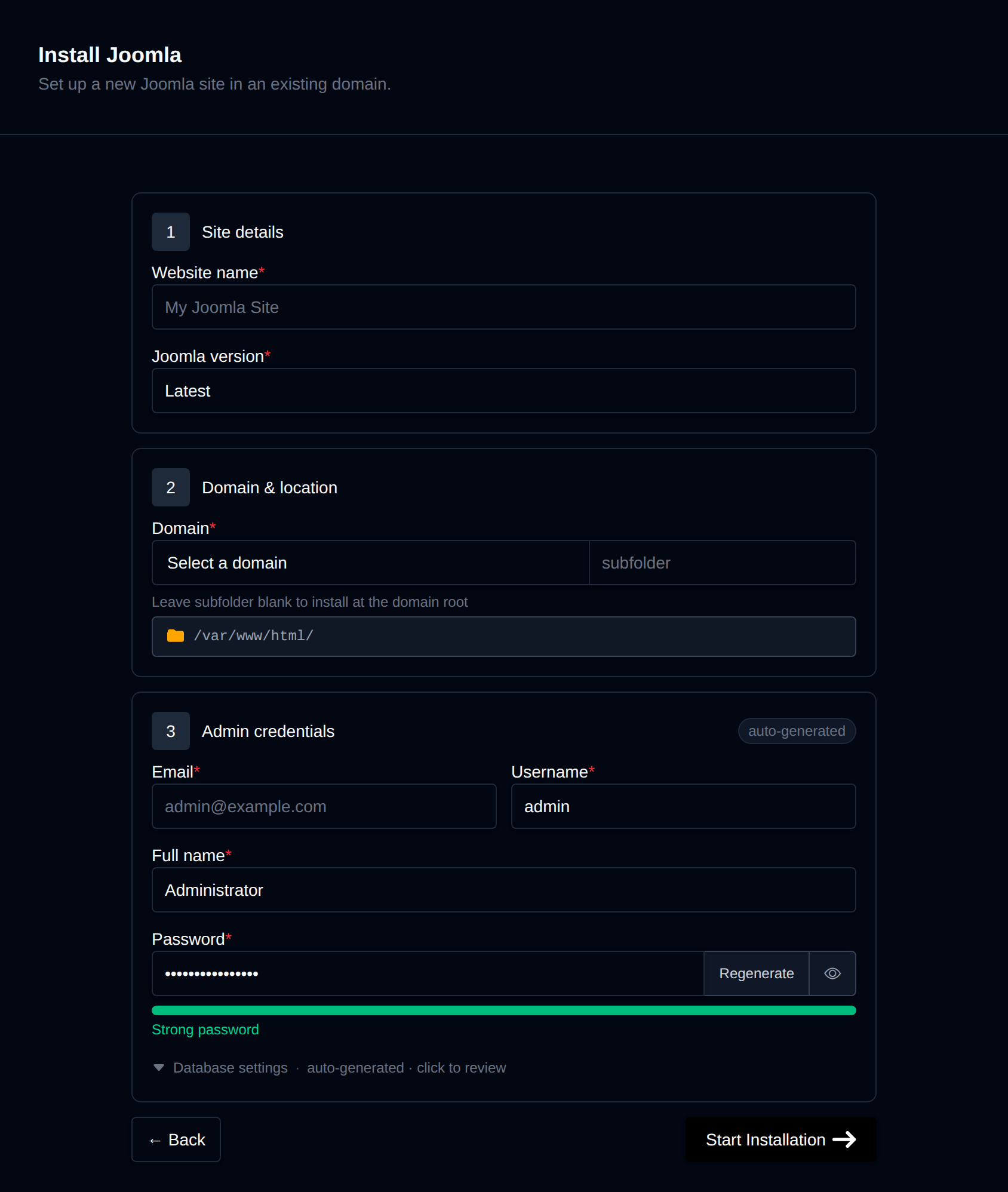 Install Joomla form with the site details, domain and location, and admin credentials
