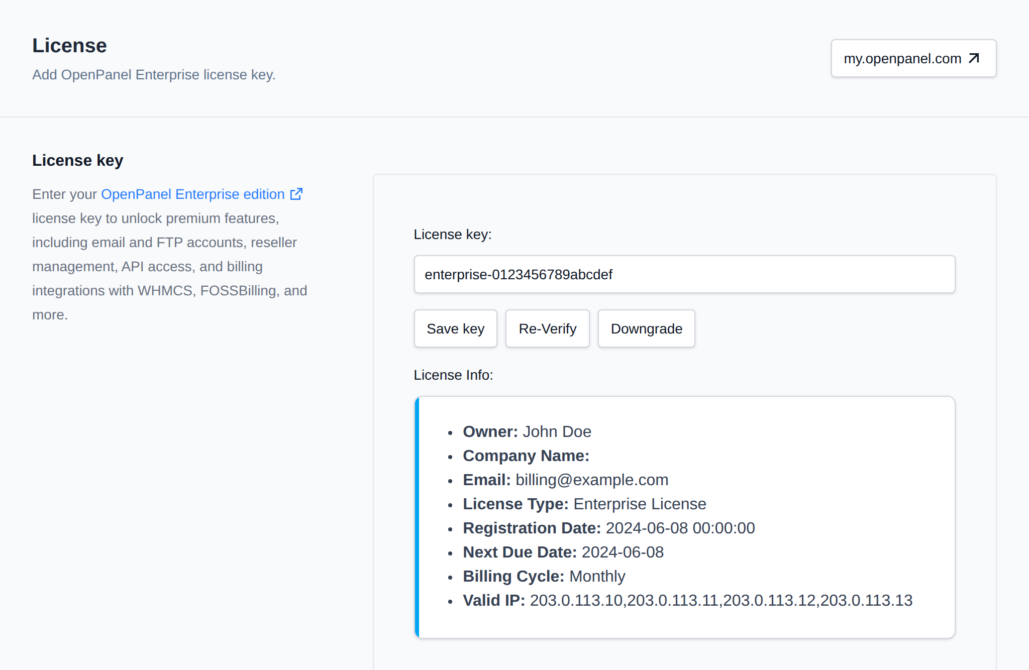 License key section with the key field, the Save key, Re-Verify and Downgrade buttons and the license details