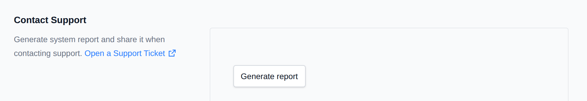 Contact Support section with the Generate report button