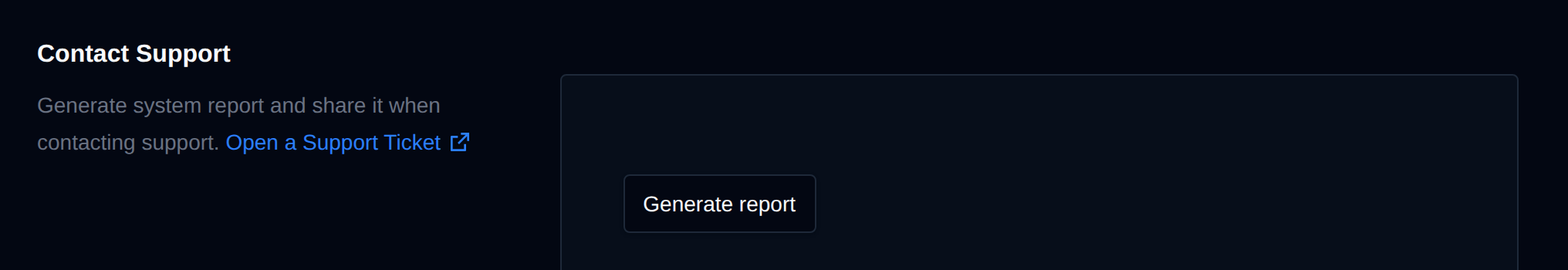 Contact Support section with the Generate report button