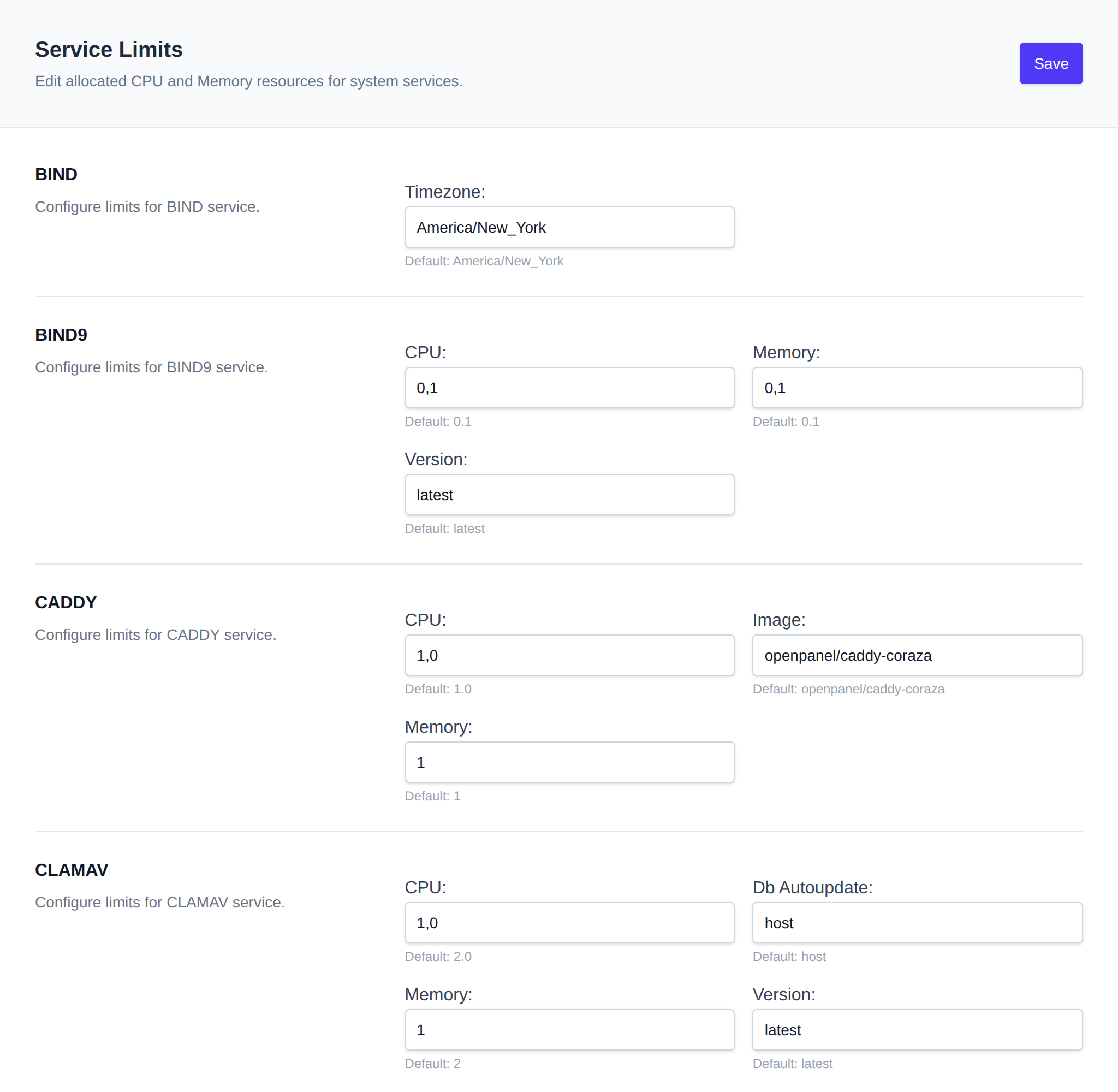 Service Limits page with CPU and memory limits for each system service