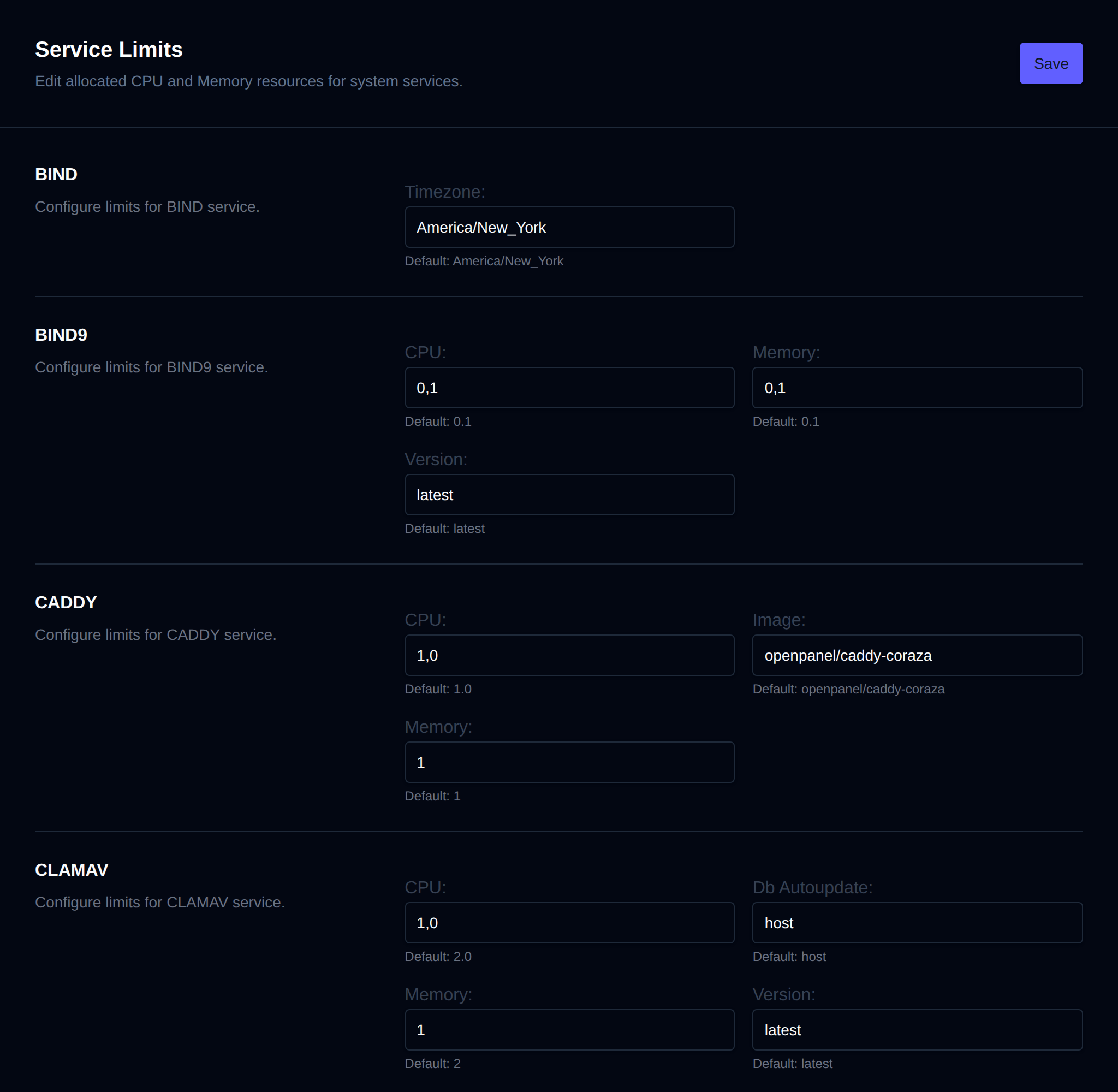 Service Limits page with CPU and memory limits for each system service