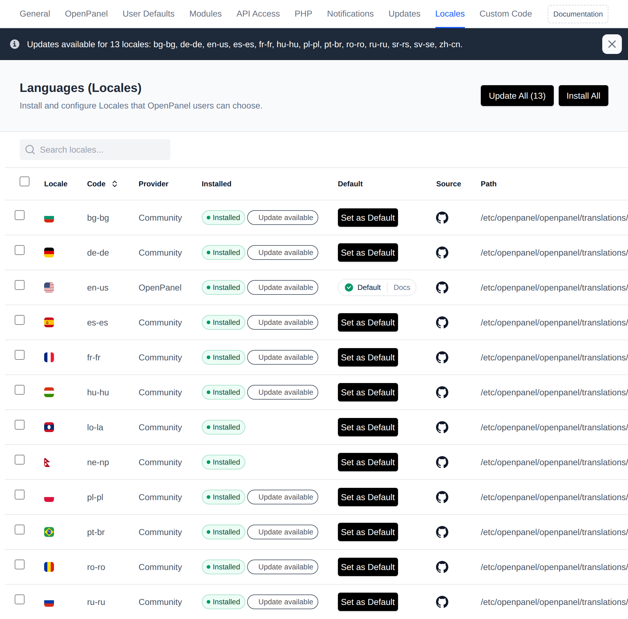 Languages page listing locales with their provider, install status, default and Set as Default buttons