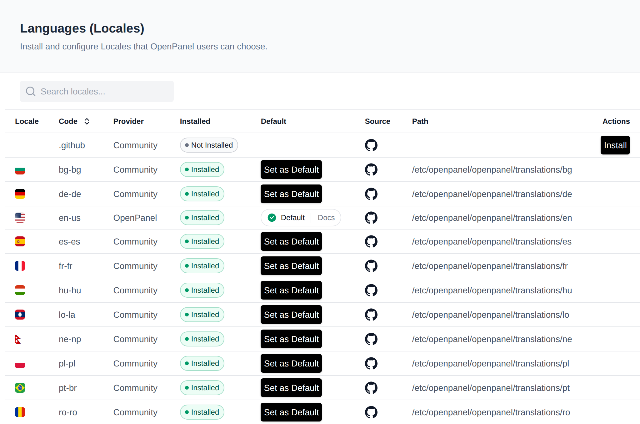 Languages page listing locales with their provider, install status, default and Set as Default buttons