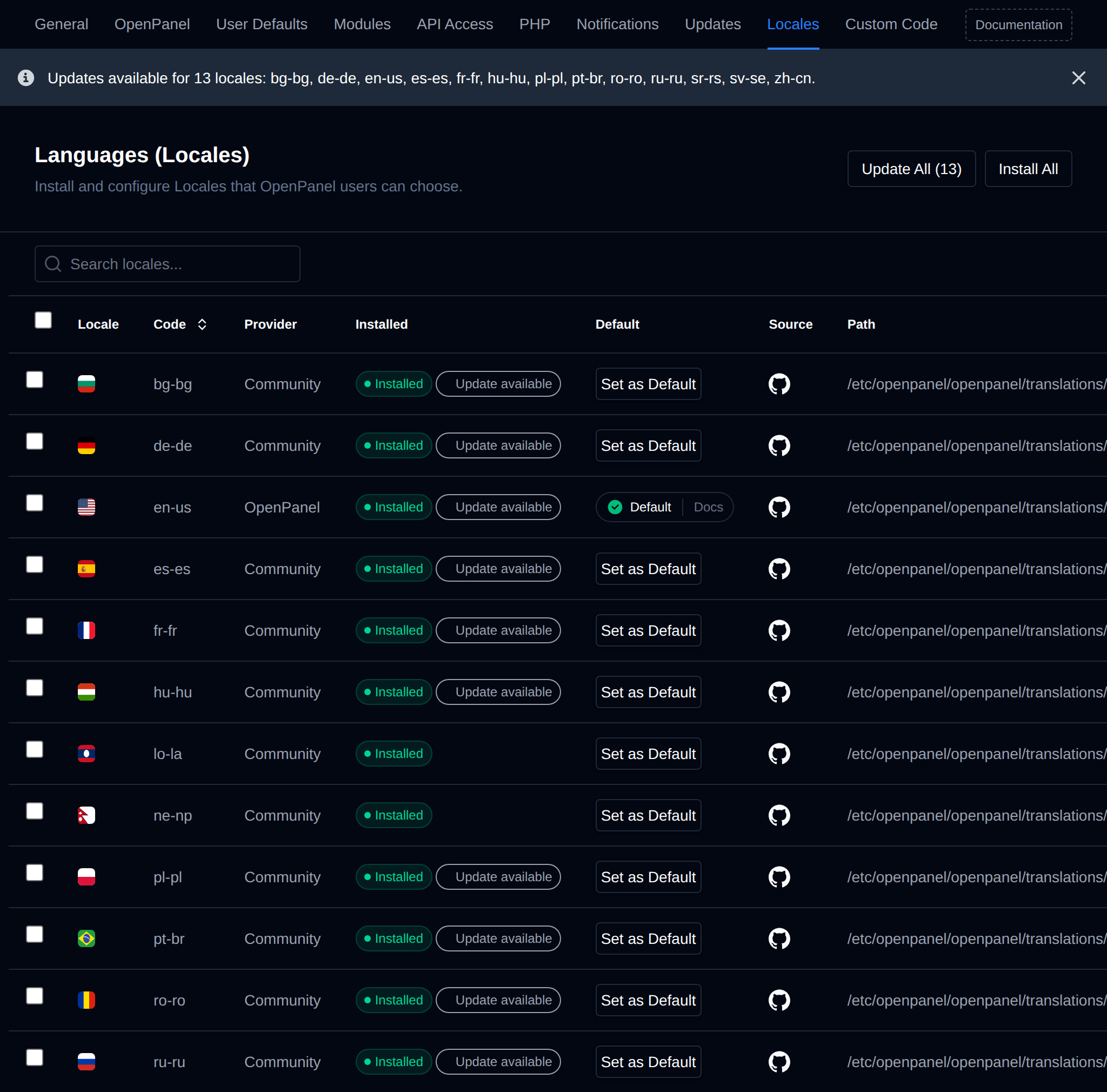 Languages page listing locales with their provider, install status, default and Set as Default buttons