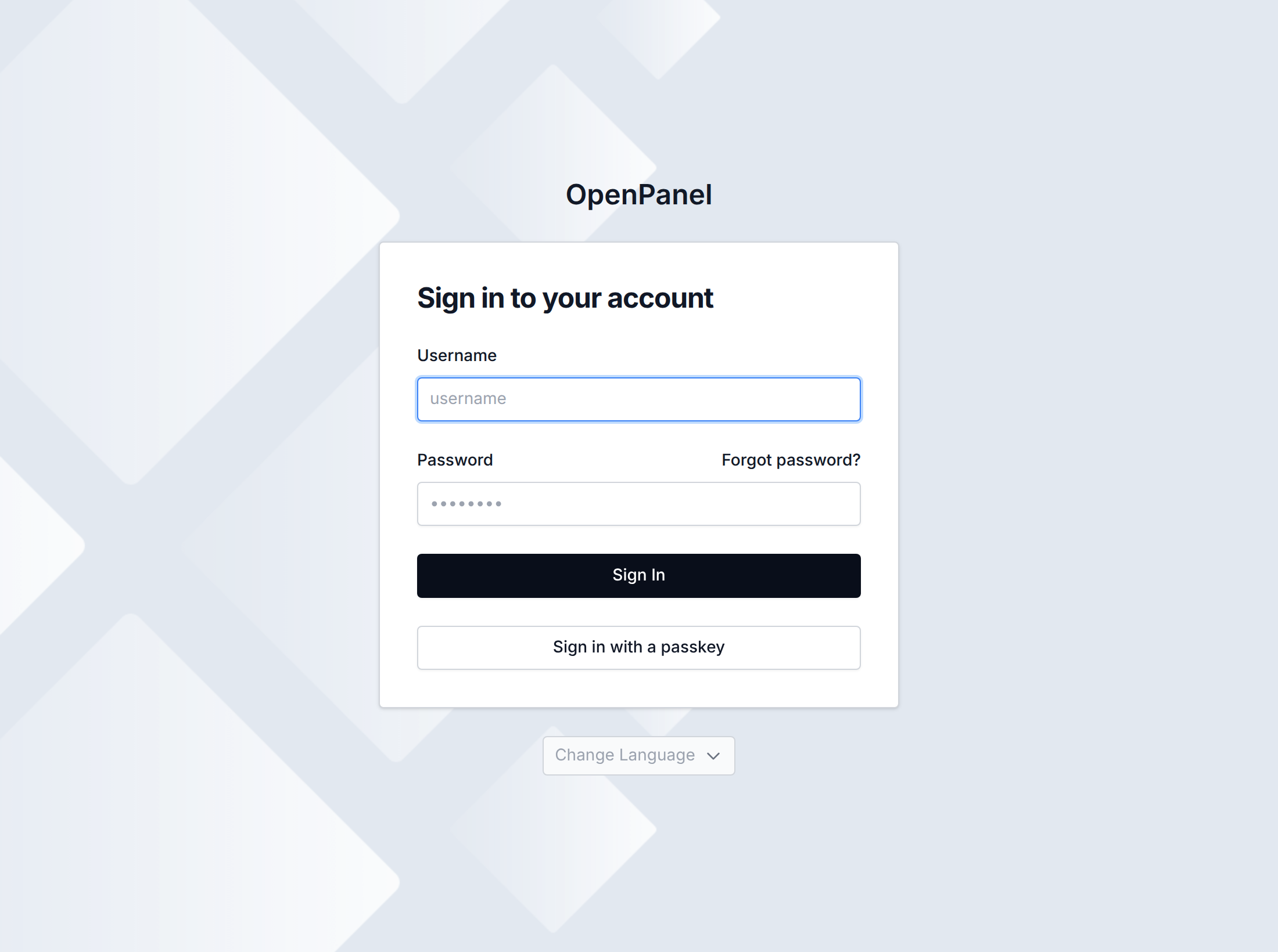 OpenPanel login form with username and password fields, the Forgot password link and passkey sign-in