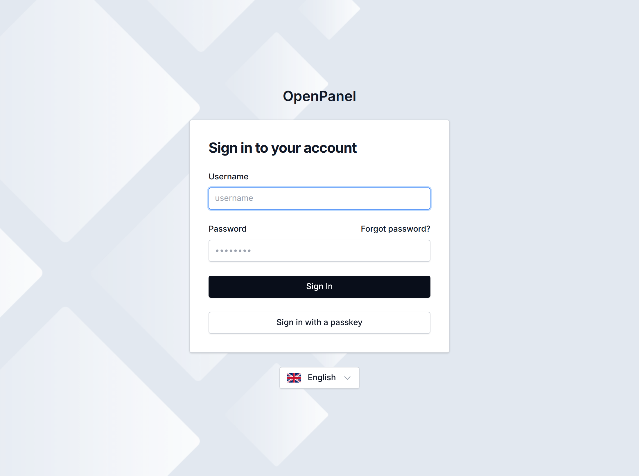 OpenPanel login form with username and password fields, the Forgot password link and passkey sign-in