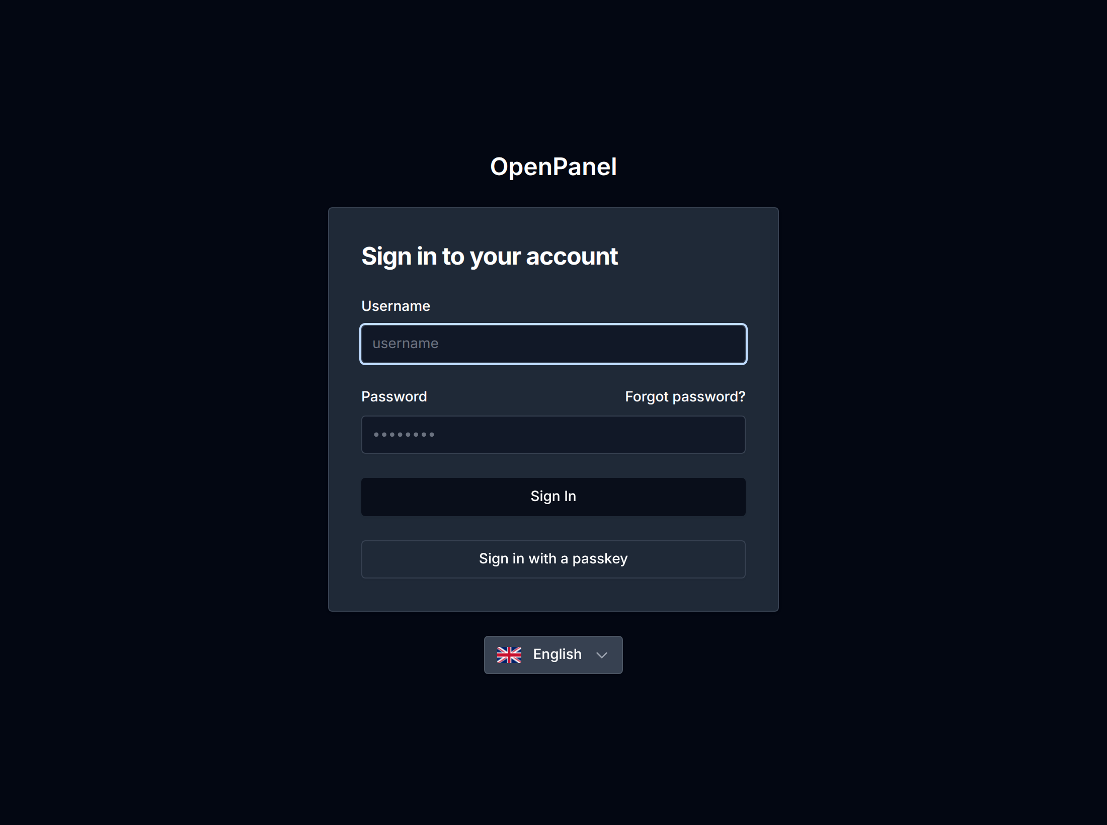 OpenPanel login form with username and password fields, the Forgot password link and passkey sign-in