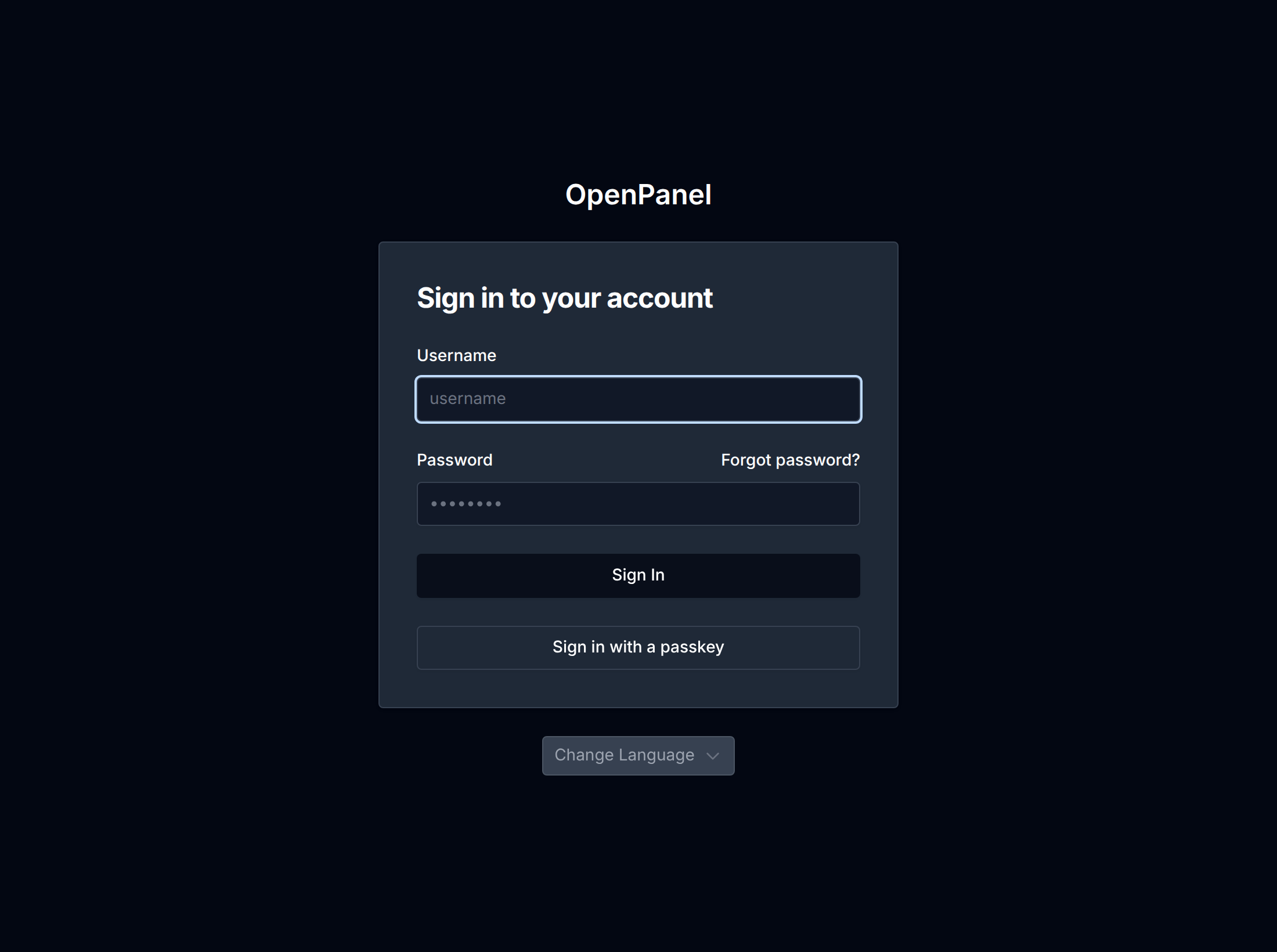 OpenPanel login form with username and password fields, the Forgot password link and passkey sign-in