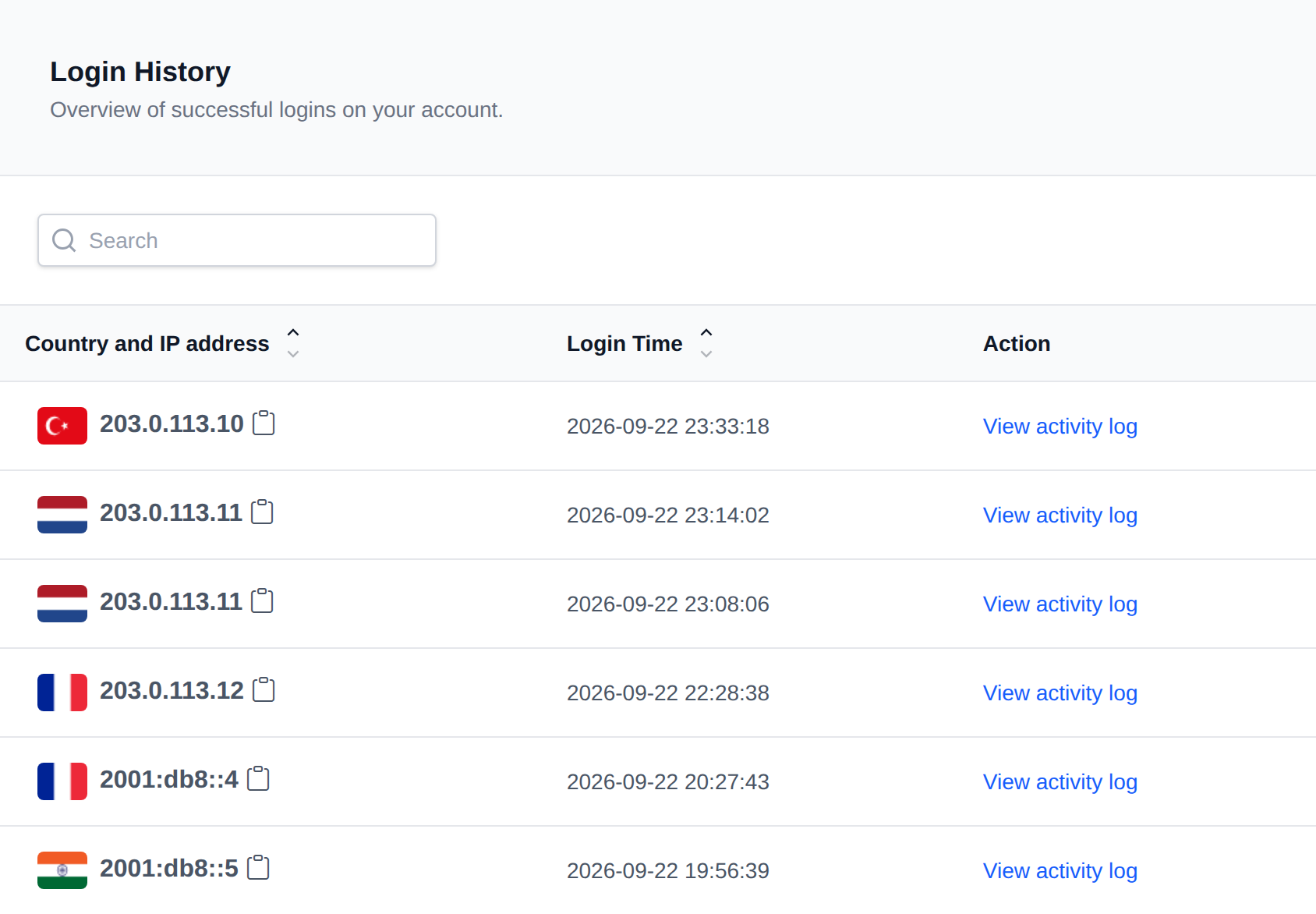 Login History table with the country flag, IP address and login time of each successful login