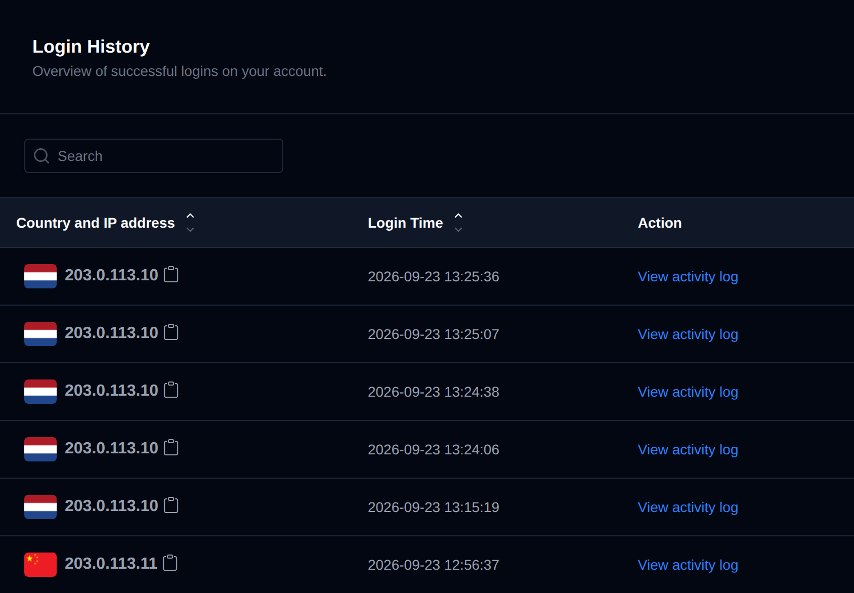 Login History table with the country flag, IP address and login time of each successful login