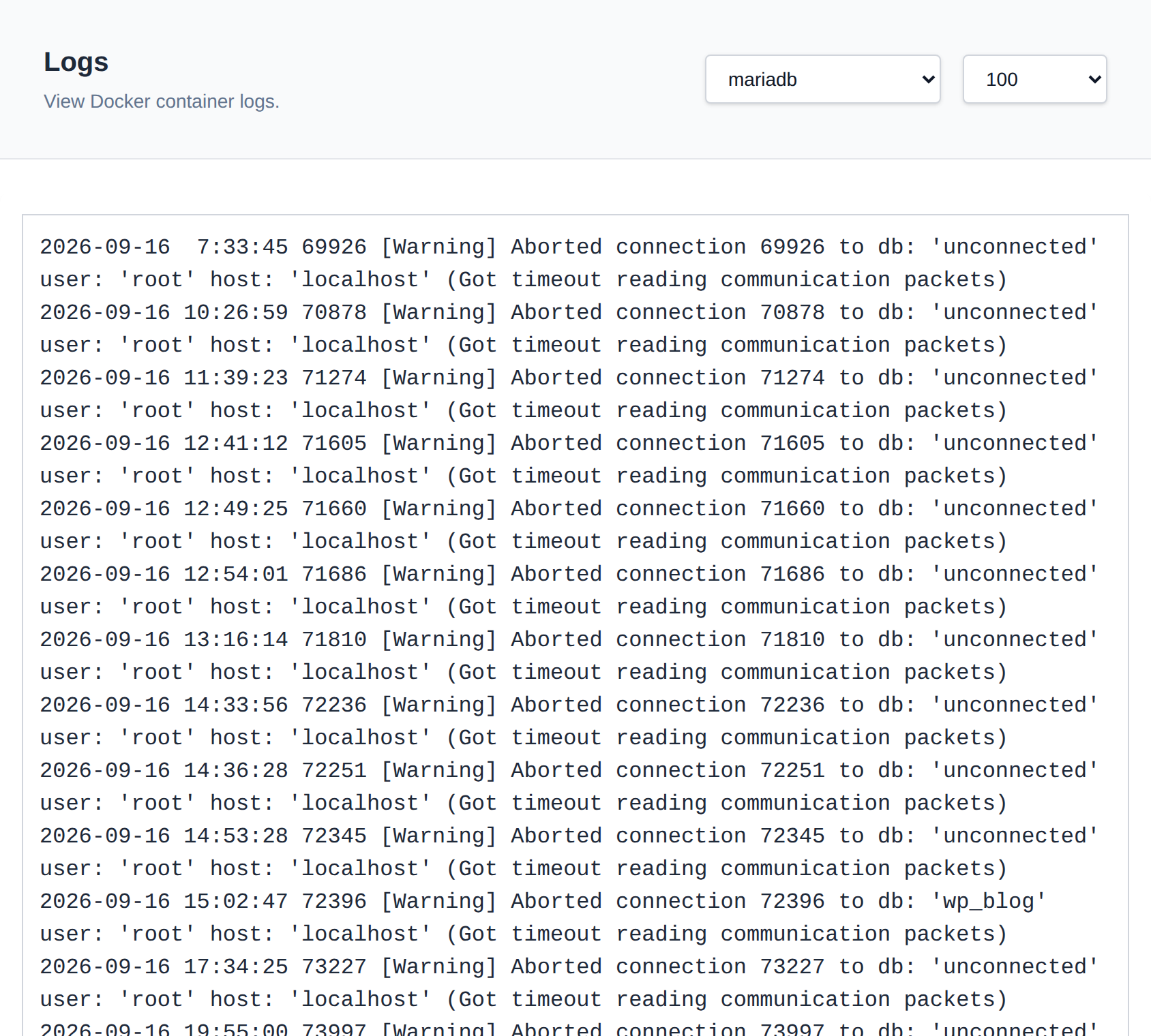Container Logs page showing the last lines of the mariadb container log