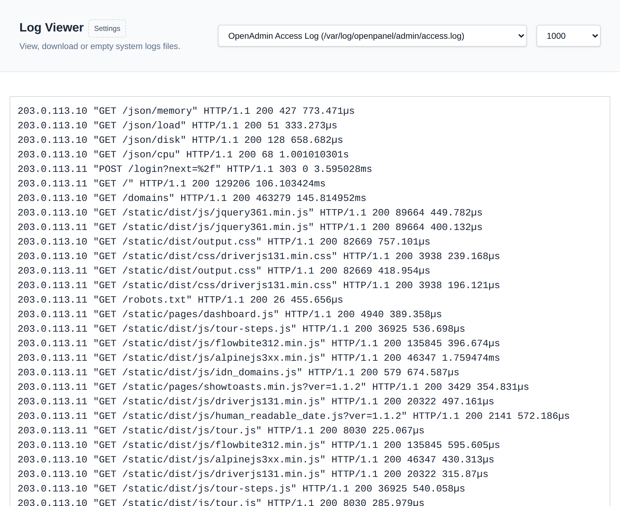 Log Viewer with a log file selected, its content, and the Delete and Download buttons