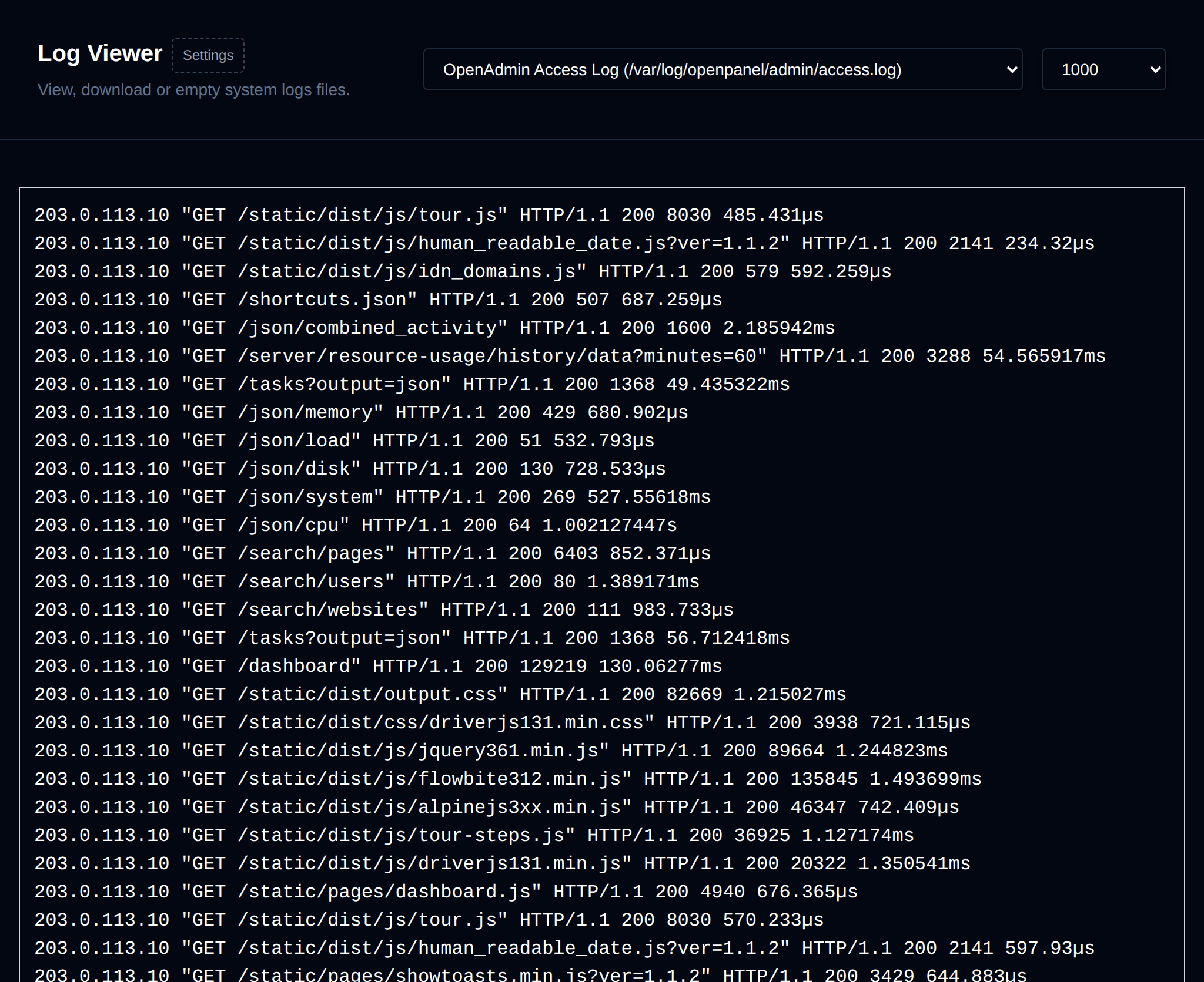 Log Viewer with a log file selected, its content, and the Delete and Download buttons