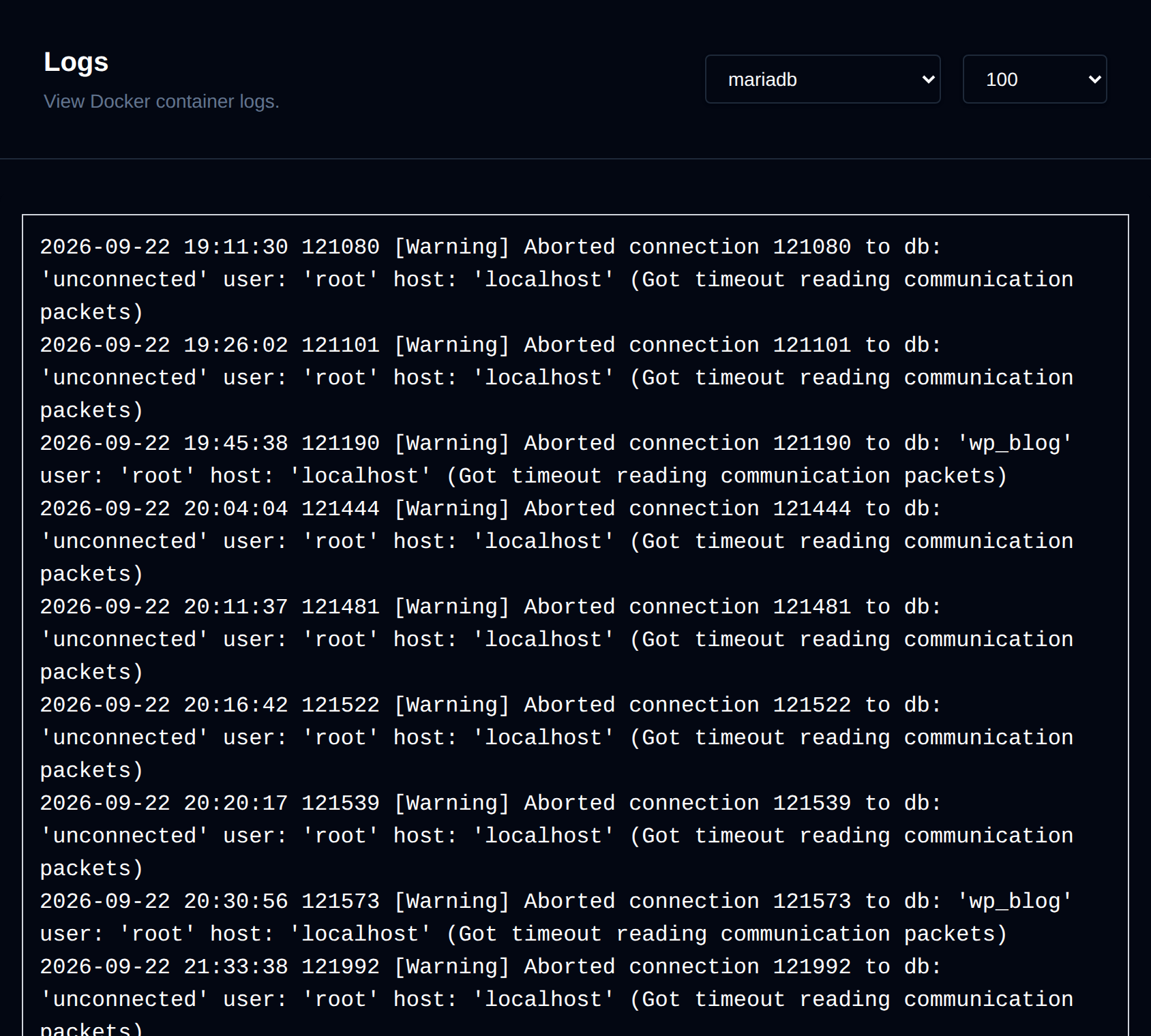 Container Logs page showing the last lines of the mariadb container log