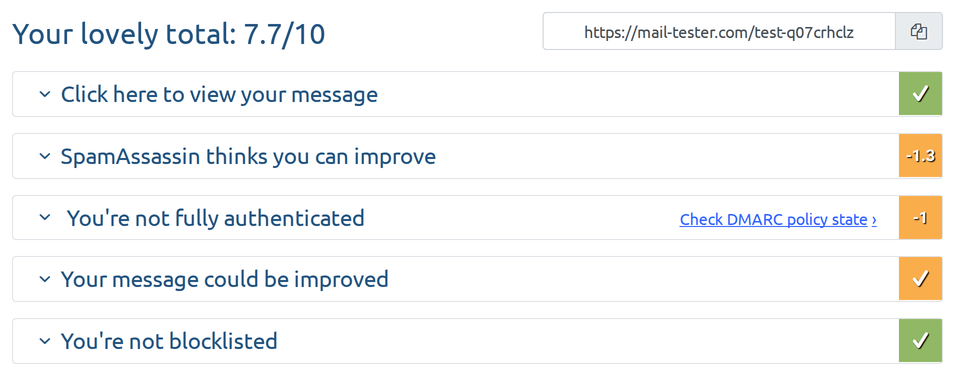 mail-tester results with a score of 7.7/10 and the sections for the message, SpamAssassin, authentication, content and blocklists
