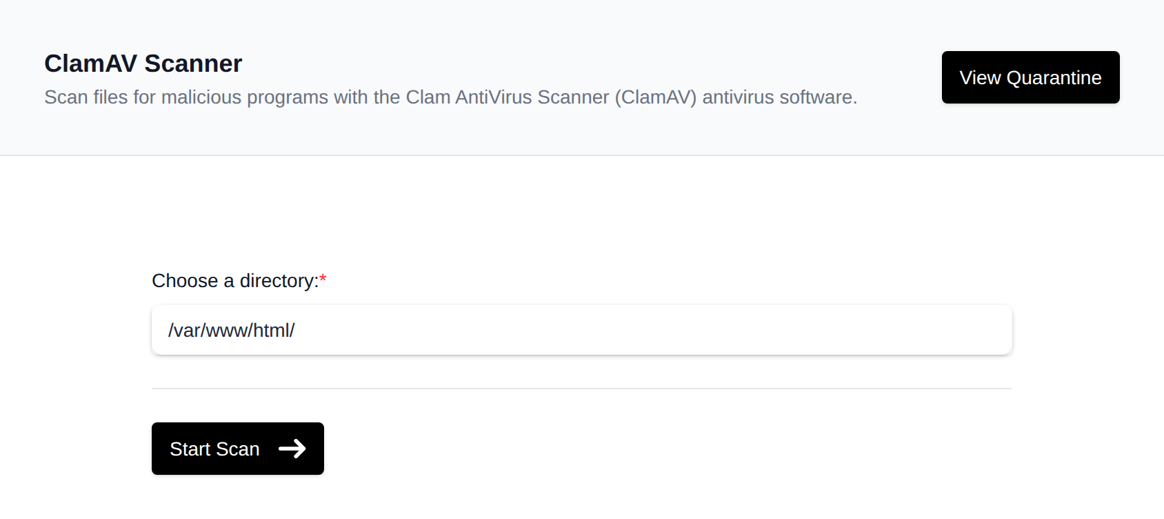 ClamAV Scanner page with the directory to scan and the Start Scan button