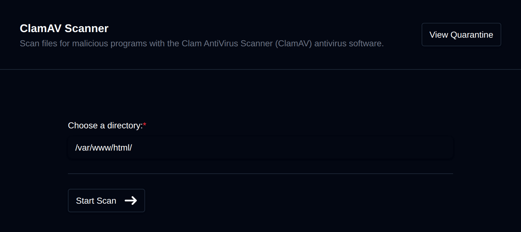 ClamAV Scanner page with the directory to scan and the Start Scan button