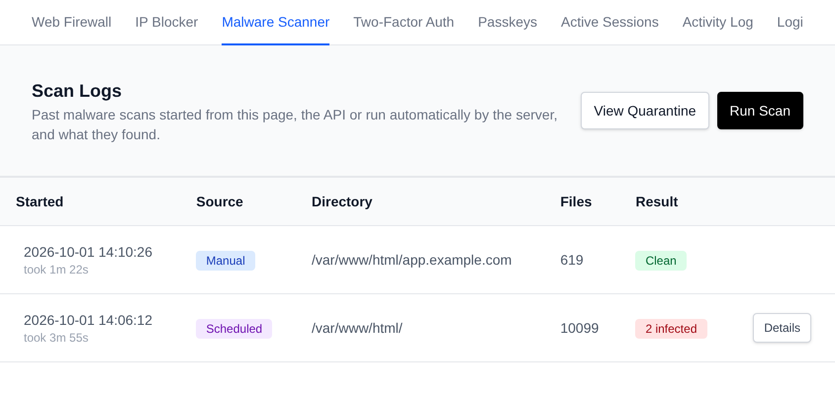 Scan Logs page listing past scans with their date, source, directory, number of files and result