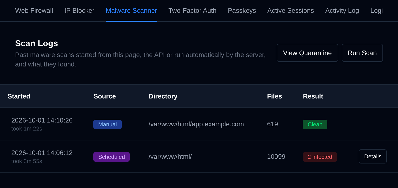 Scan Logs page listing past scans with their date, source, directory, number of files and result