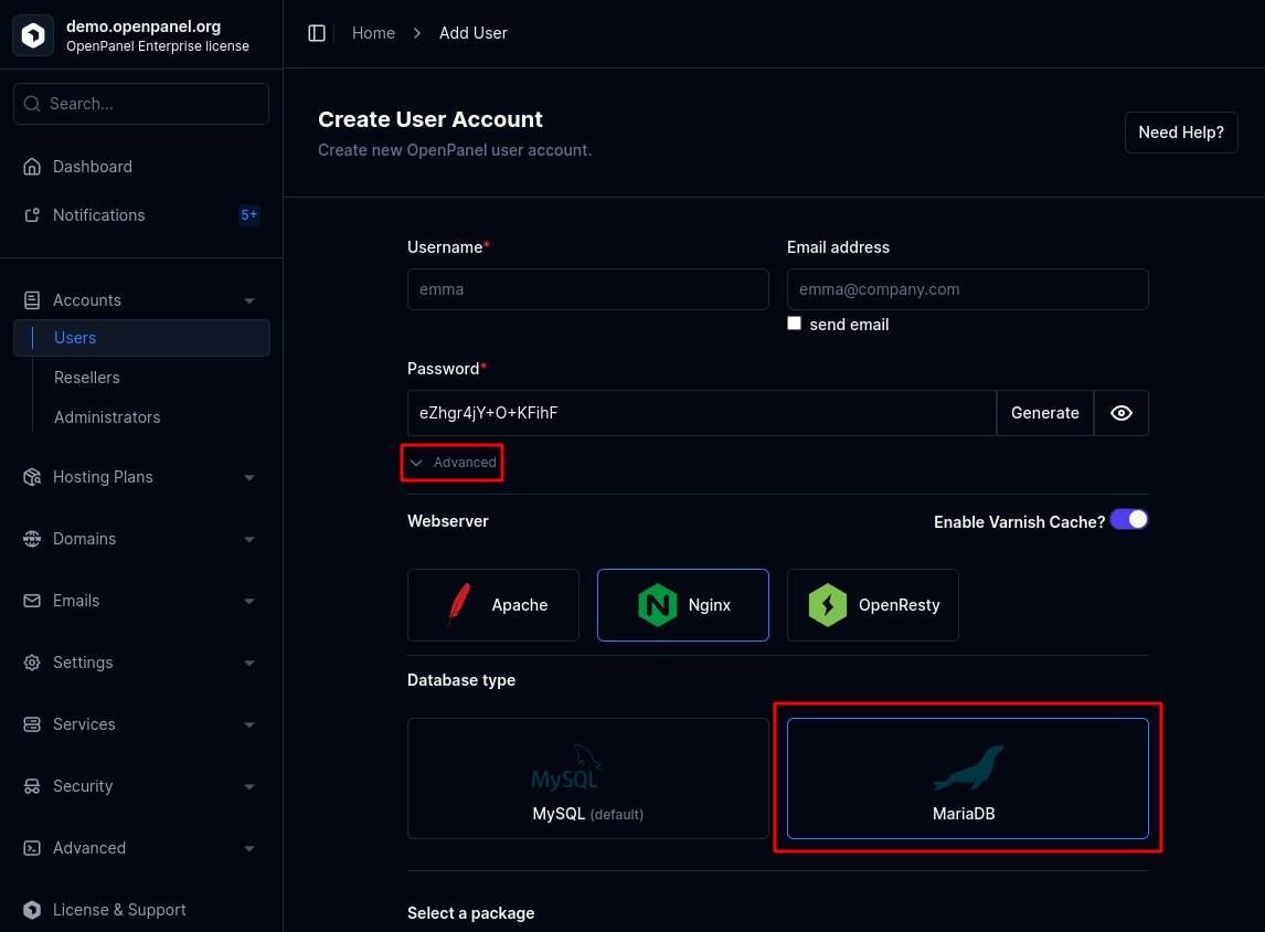 mariadb for user