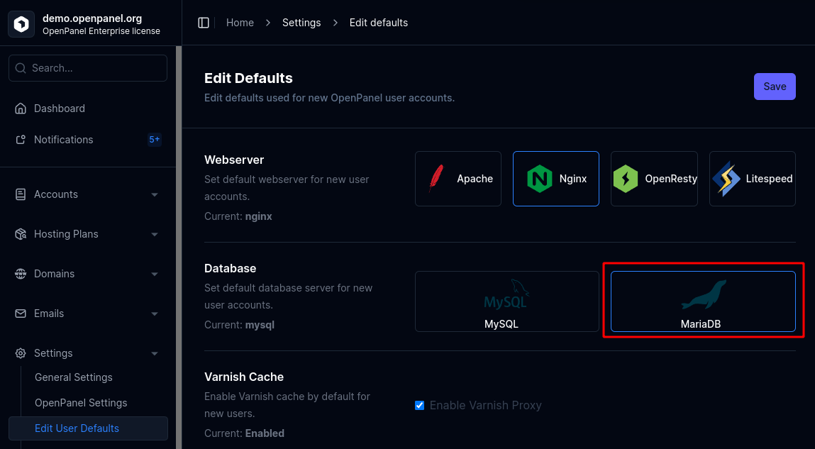 mariadb as default