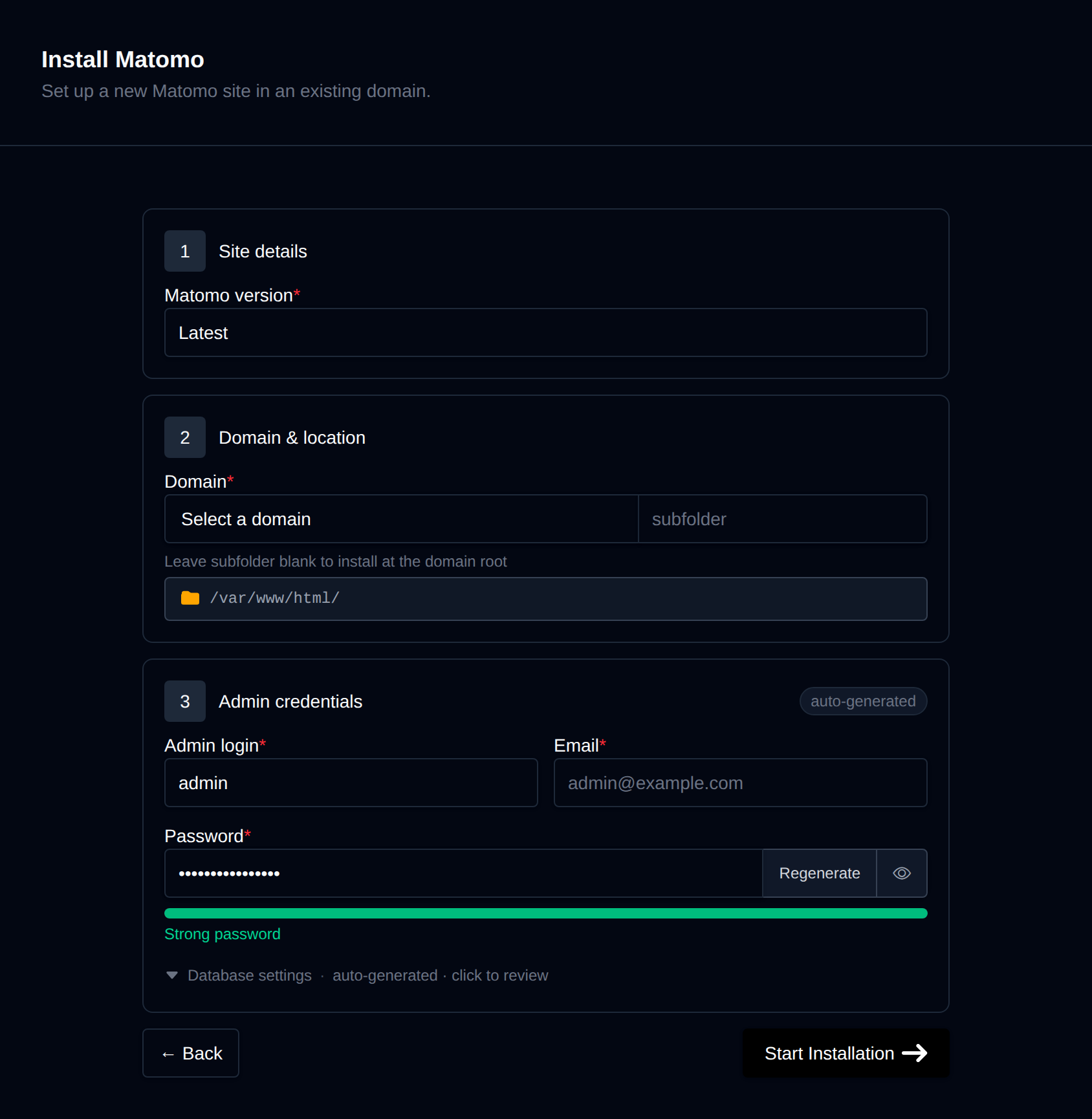 Install Matomo form with the site details, domain and location, and admin credentials