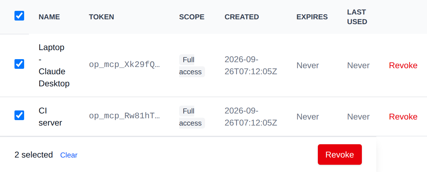 Two MCP tokens selected with the bulk actions bar offering Revoke