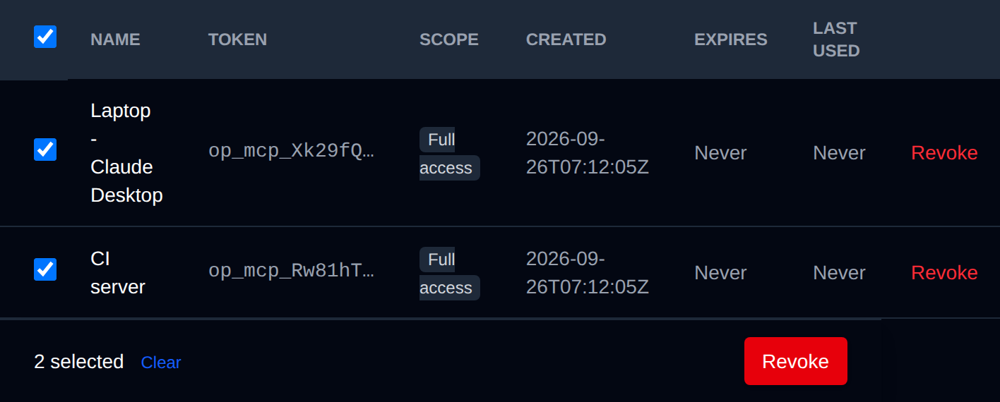 Two MCP tokens selected with the bulk actions bar offering Revoke