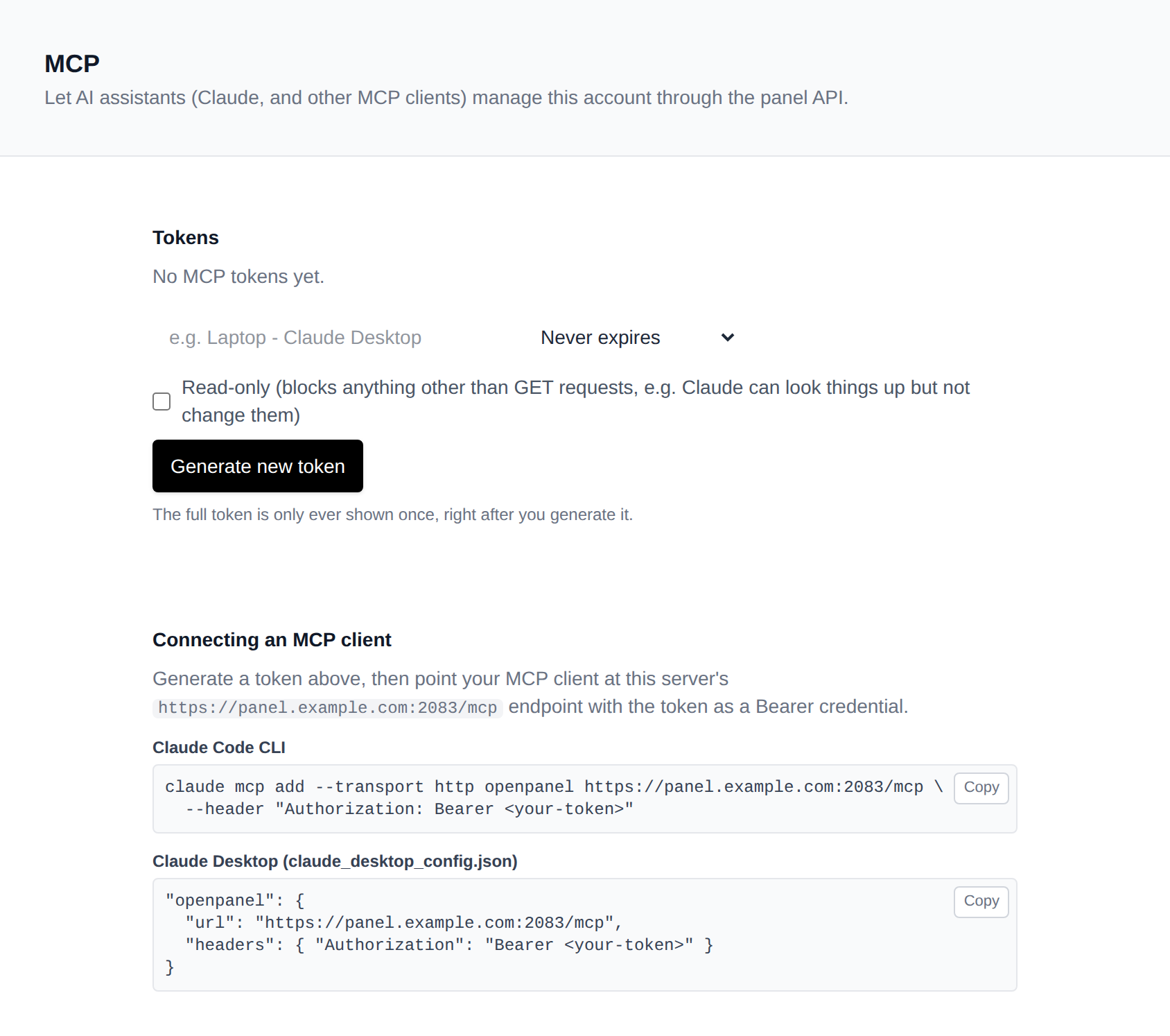 MCP page with the token generator and connection snippets for Claude Code and Claude Desktop