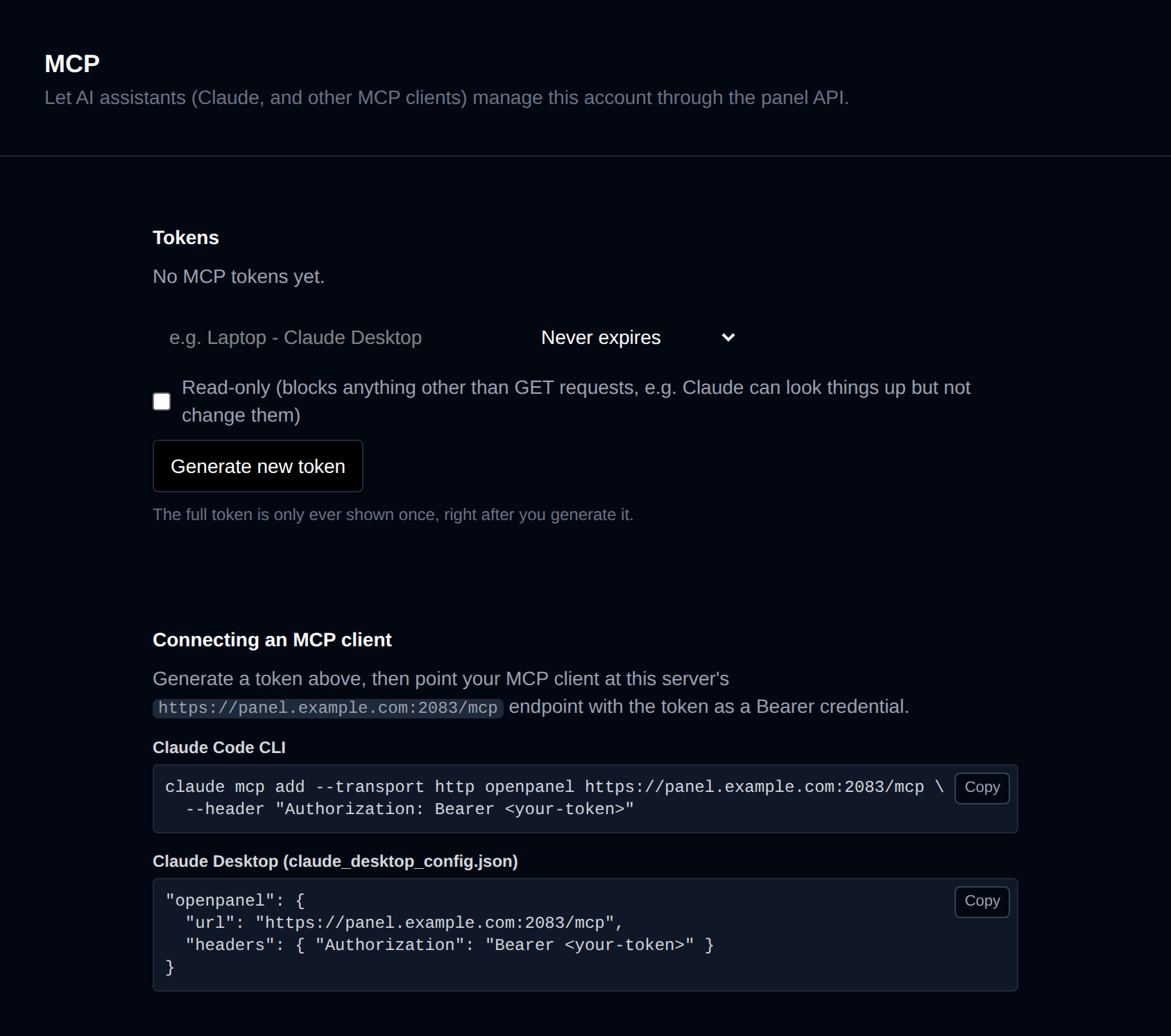 MCP page with the token generator and connection snippets for Claude Code and Claude Desktop
