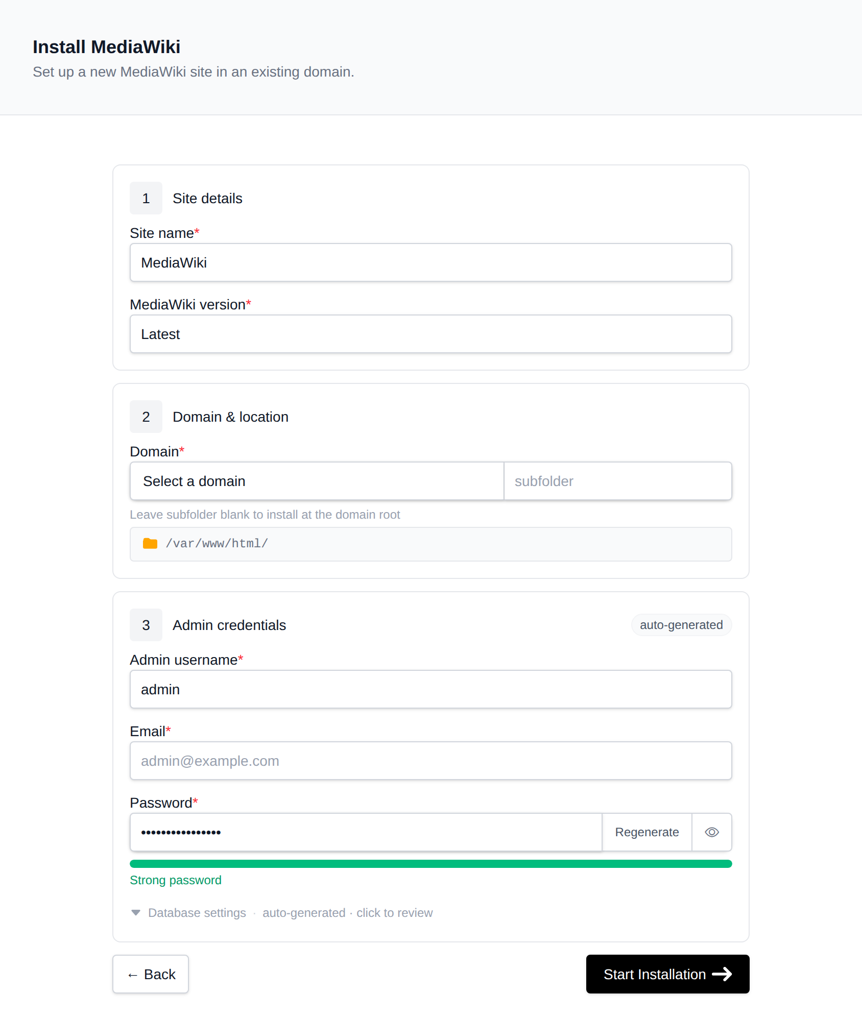 Install MediaWiki form with the site details, domain and location, and admin credentials