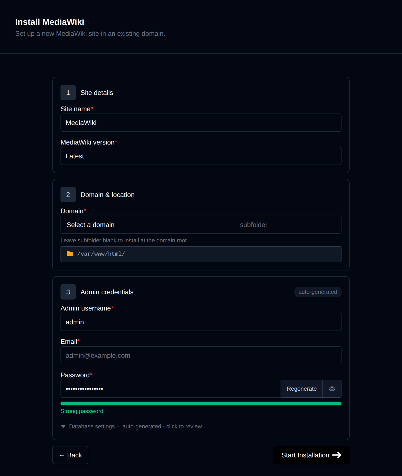 Install MediaWiki form with the site details, domain and location, and admin credentials